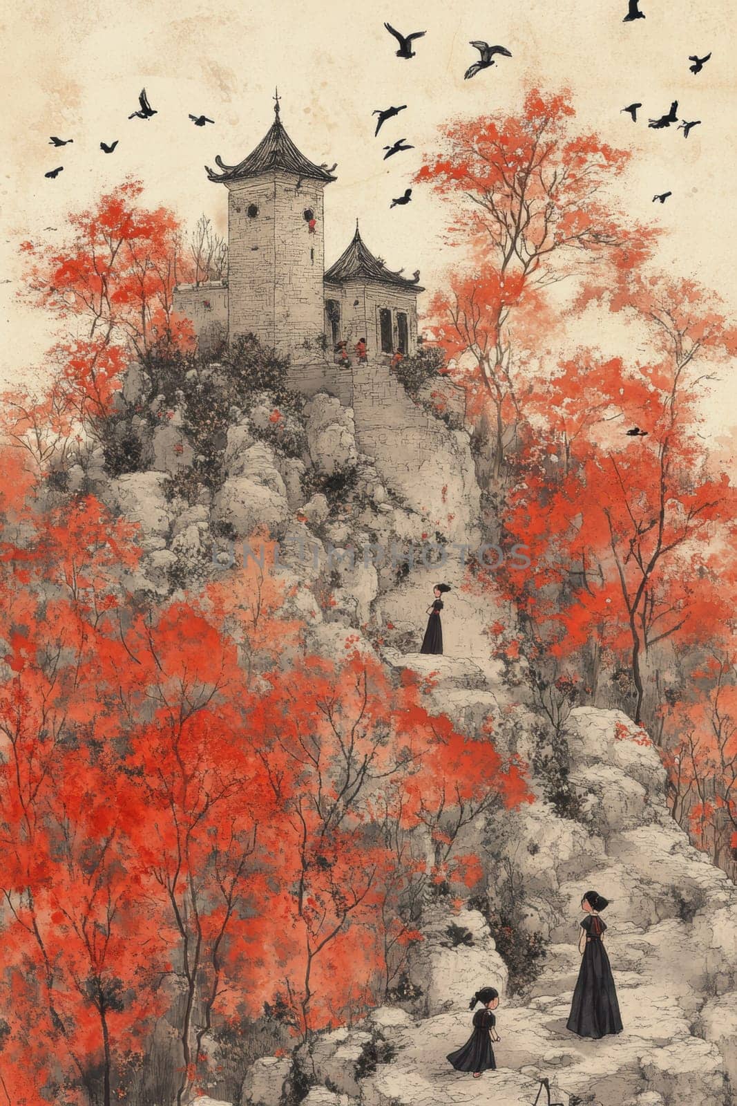 Little girls playing in the garden,in the sky birds and in the distance you can see the house.AI generative.