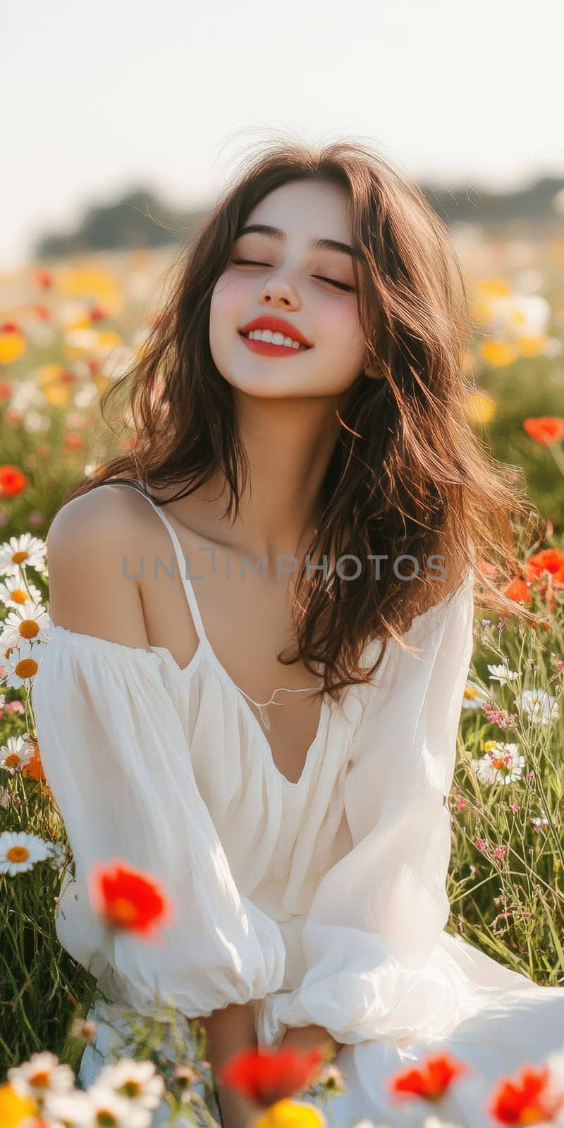 A positive, smiling girl sitting on a sunlit meadow . AI generative.