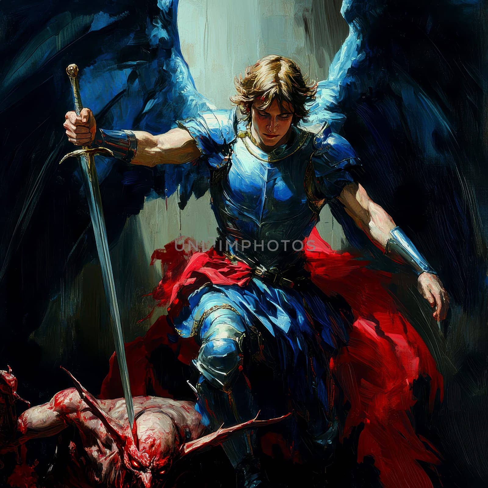 Archangel Michael in blue and red colors, with a sword drawn over a demon lying on a black background. AI generative.