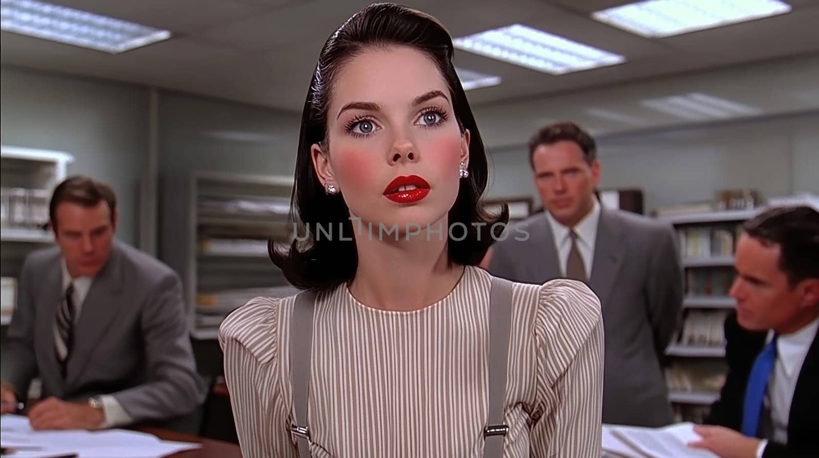 a vintage woman with black hair posing in front of a desk in an office,. AI generative.