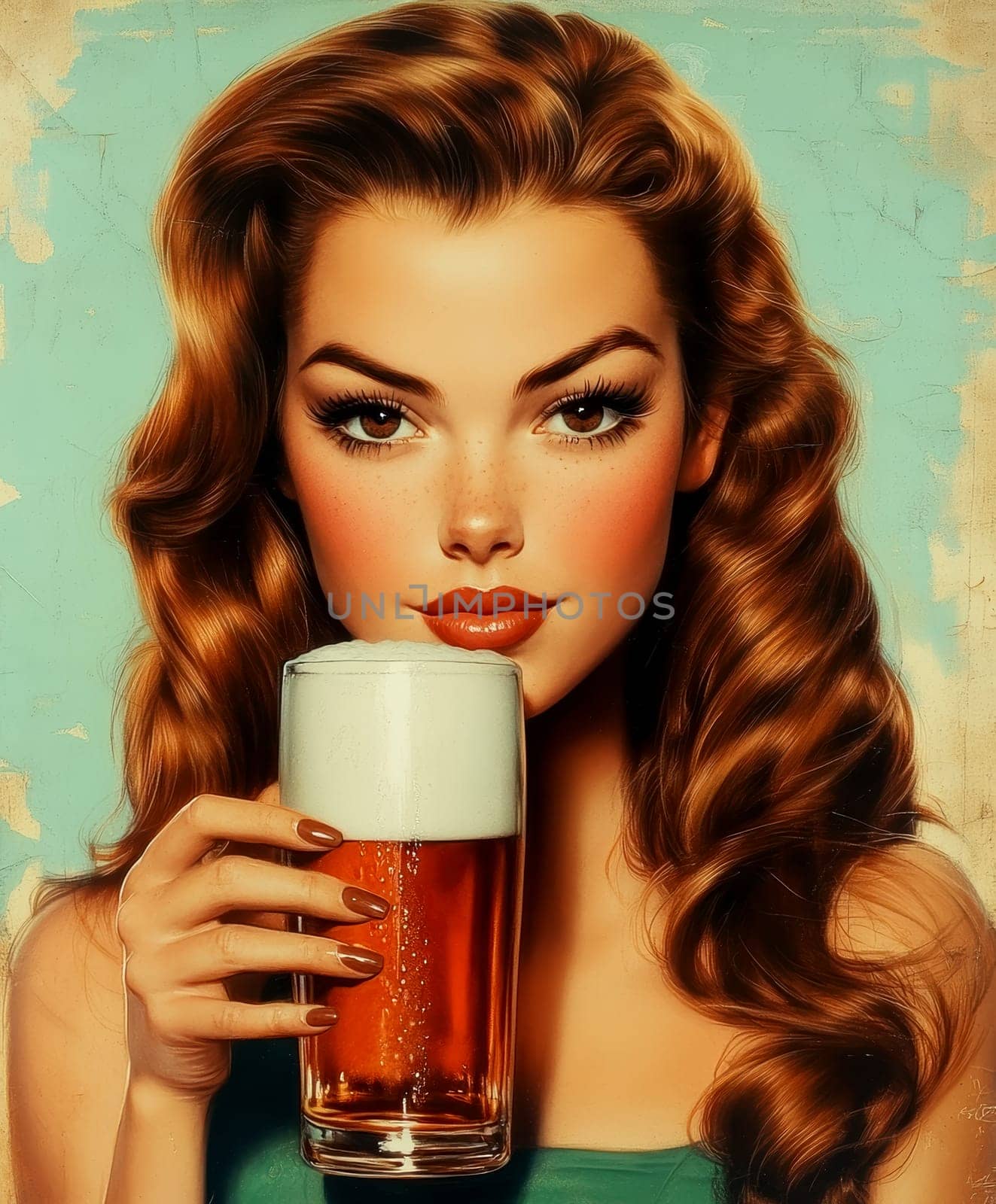 A woman styled in the 1950s holding a glass of beer. Vintage poster. AI generative.