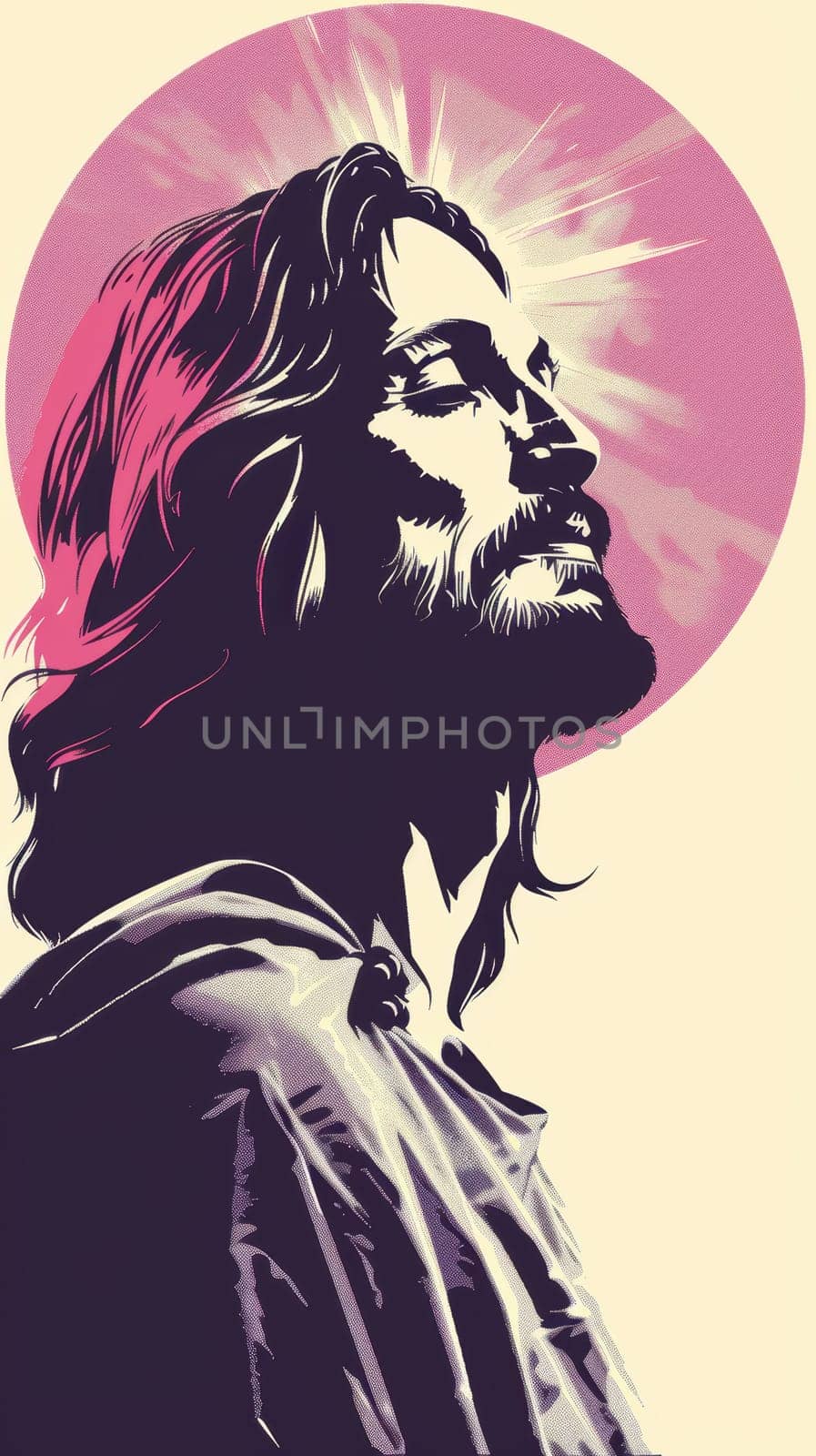 A poster with an image of Jesus, printed in a simplified vector art style, AI generative.