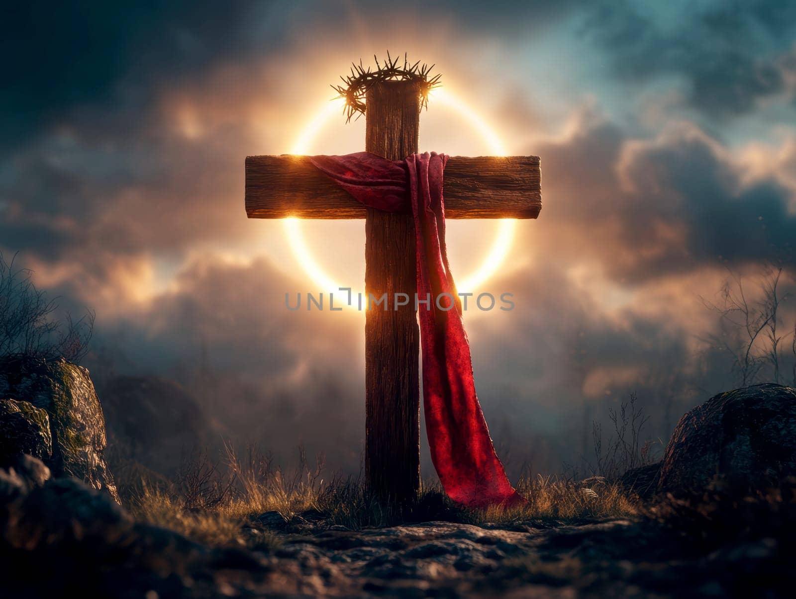 Wooden cross with crown of thorns. AI generative.