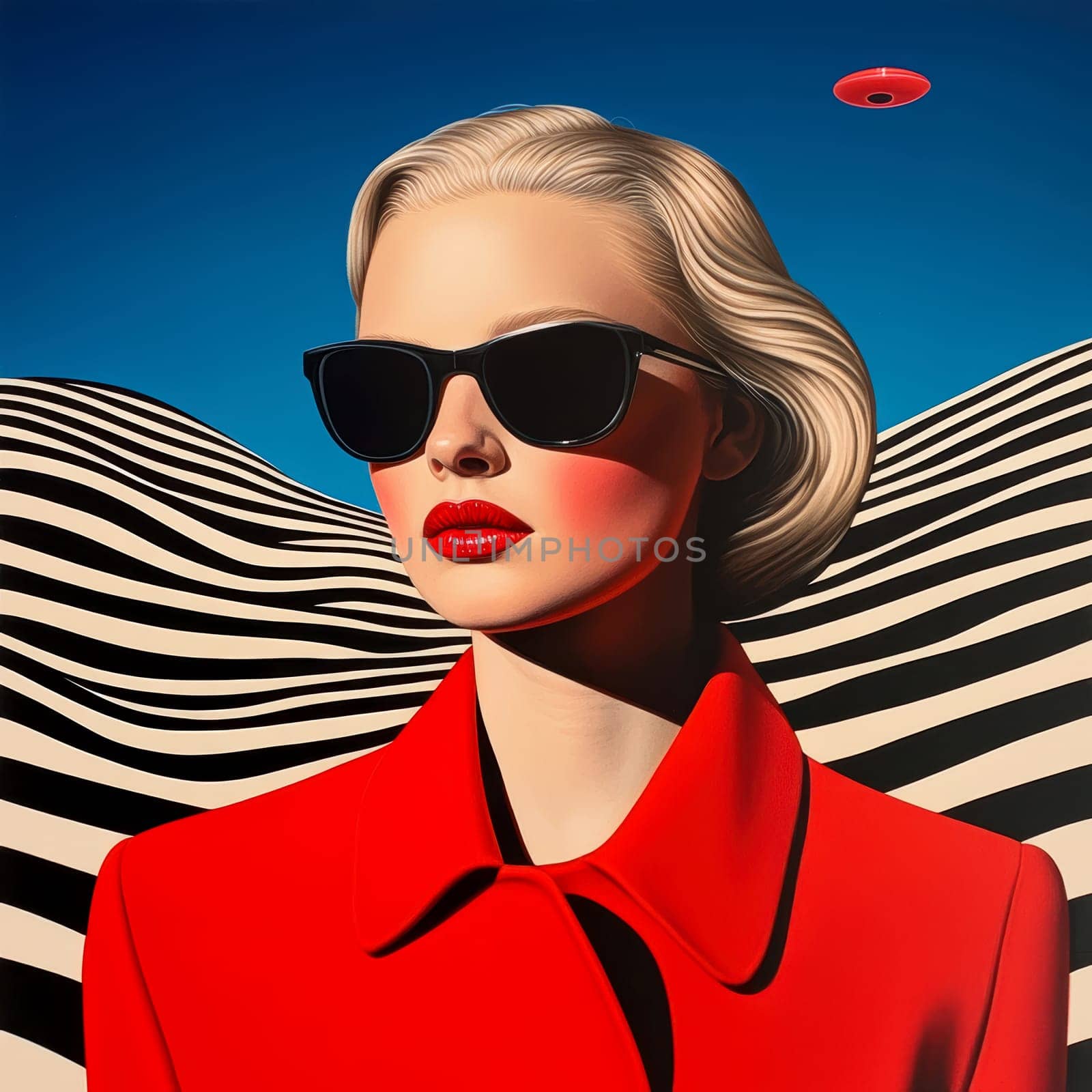 Woman with light hair dressed in 70s style , UFO visible in the background. AI generative.