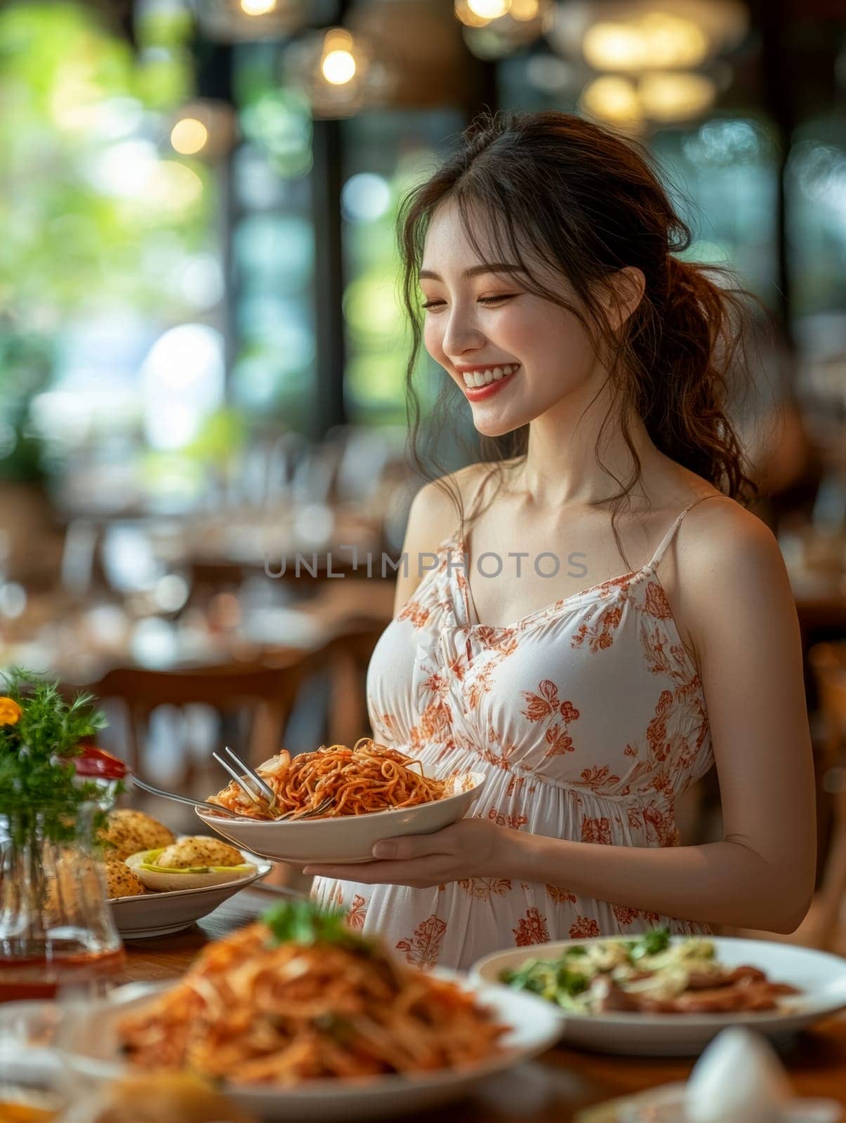 Pregnant woman eating a meal. AI generative.