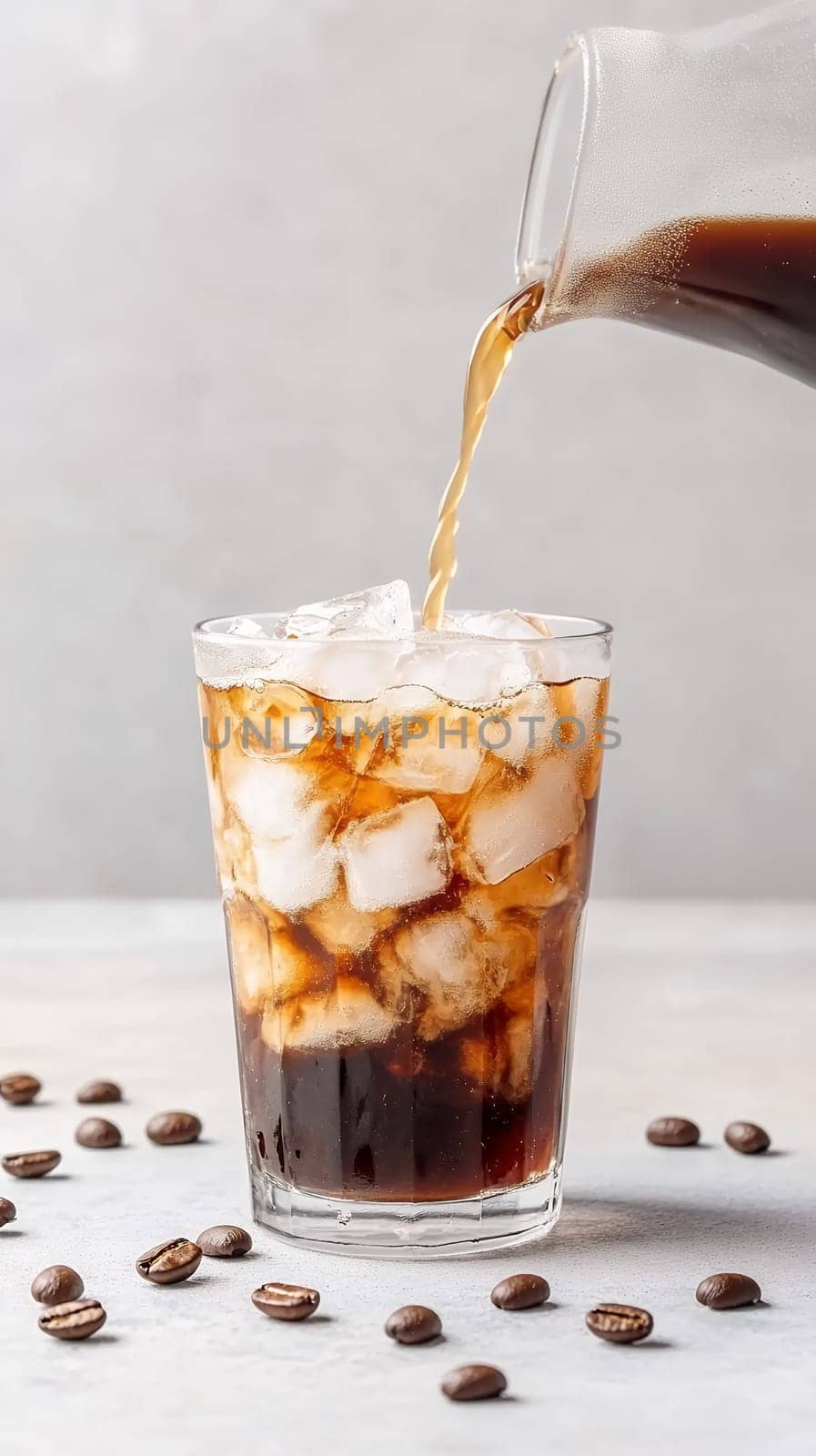 Refreshing iced coffee being poured into a glass filled with ice, surrounded by scattered coffee beans.