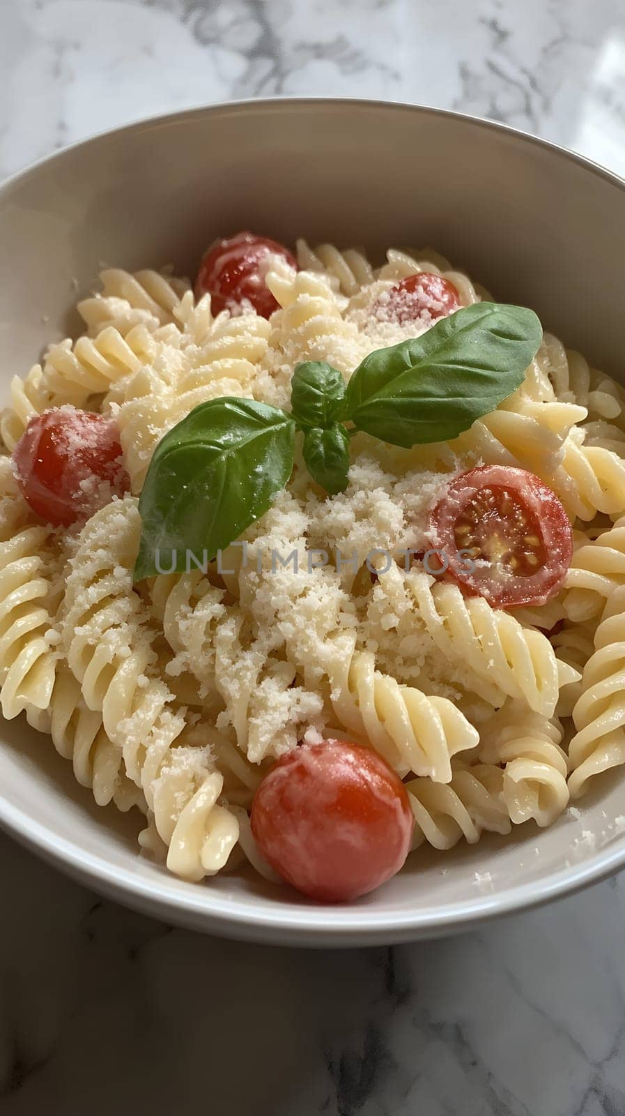 A bowl of Italian pasta topped with cherry tomatoes, basil leaves, and grated cheese, offering a taste of Italy.