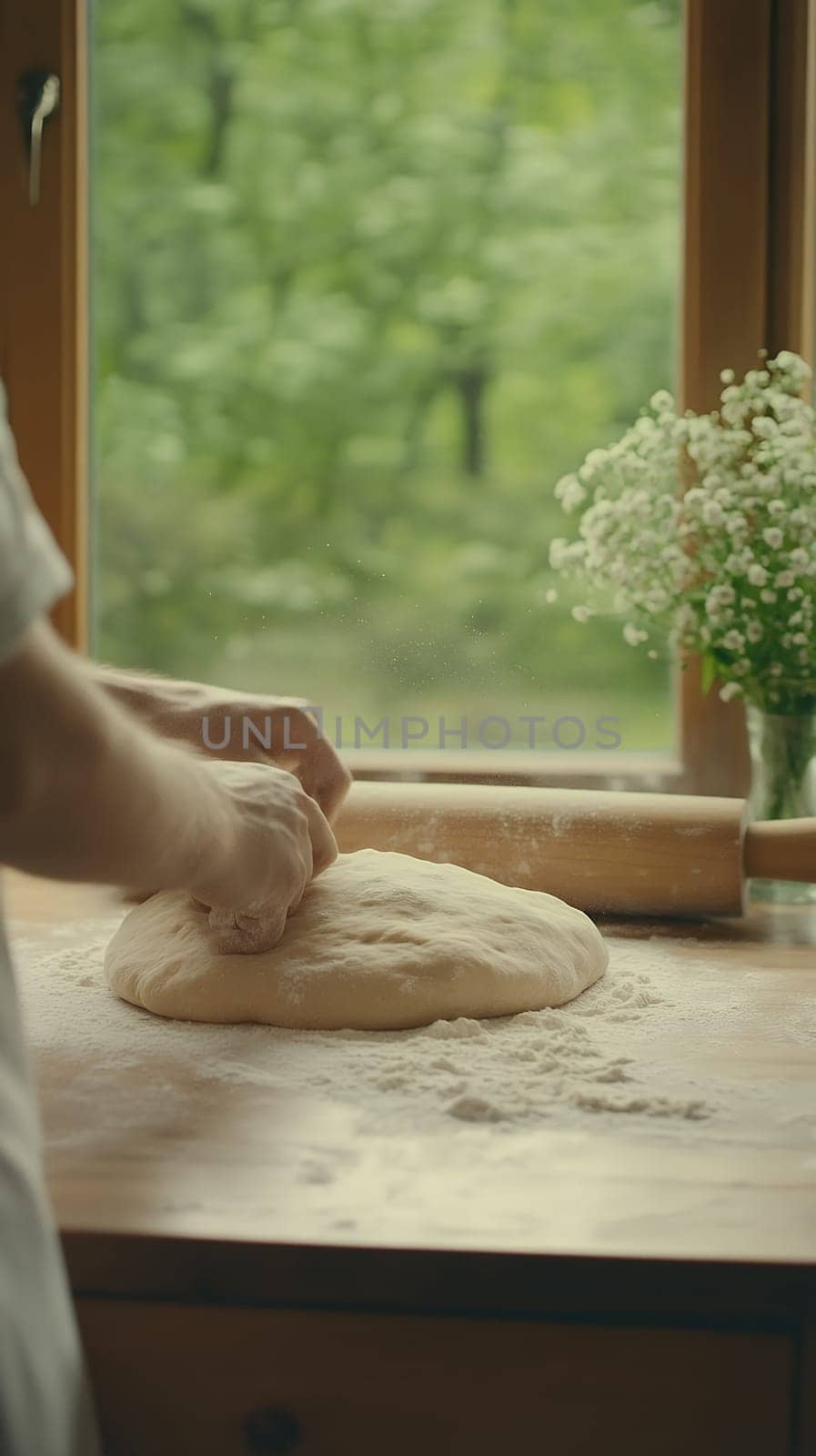Hands kneading dough on a floured surface by a window, capturing the art of baking in a serene kitchen setting.