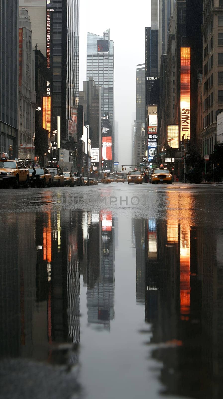 City street with skyscrapers reflecting in a puddle on a rainy day, capturing urban life and architecture.