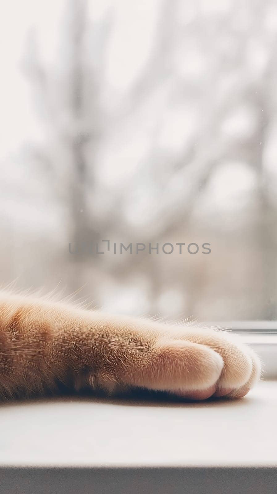 A soft ginger cat paw rests on a window ledge, with blurred trees in the background.