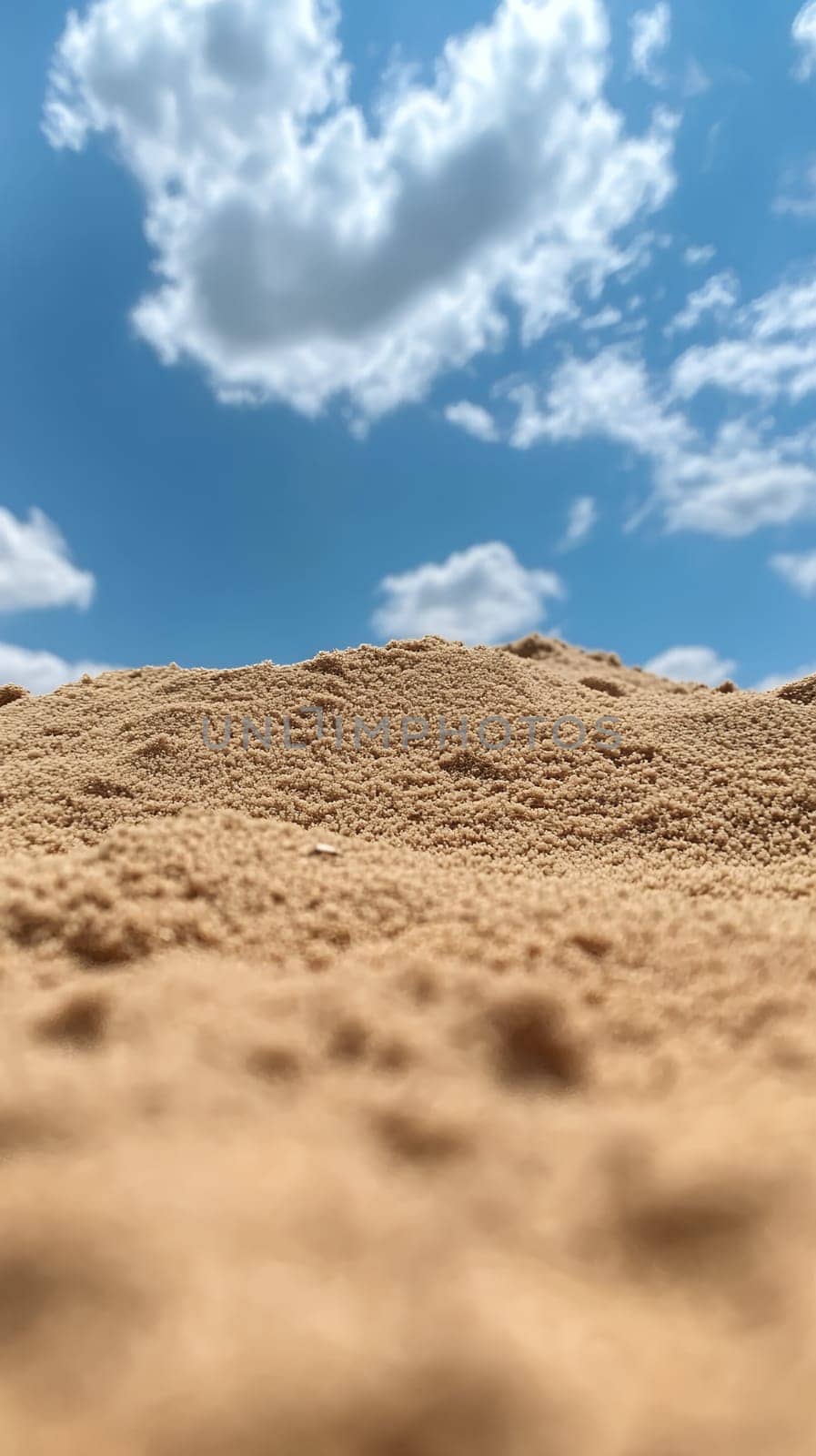 Sandy dunes stretch under a bright blue sky with fluffy white clouds, evoking a sense of desert vastness.