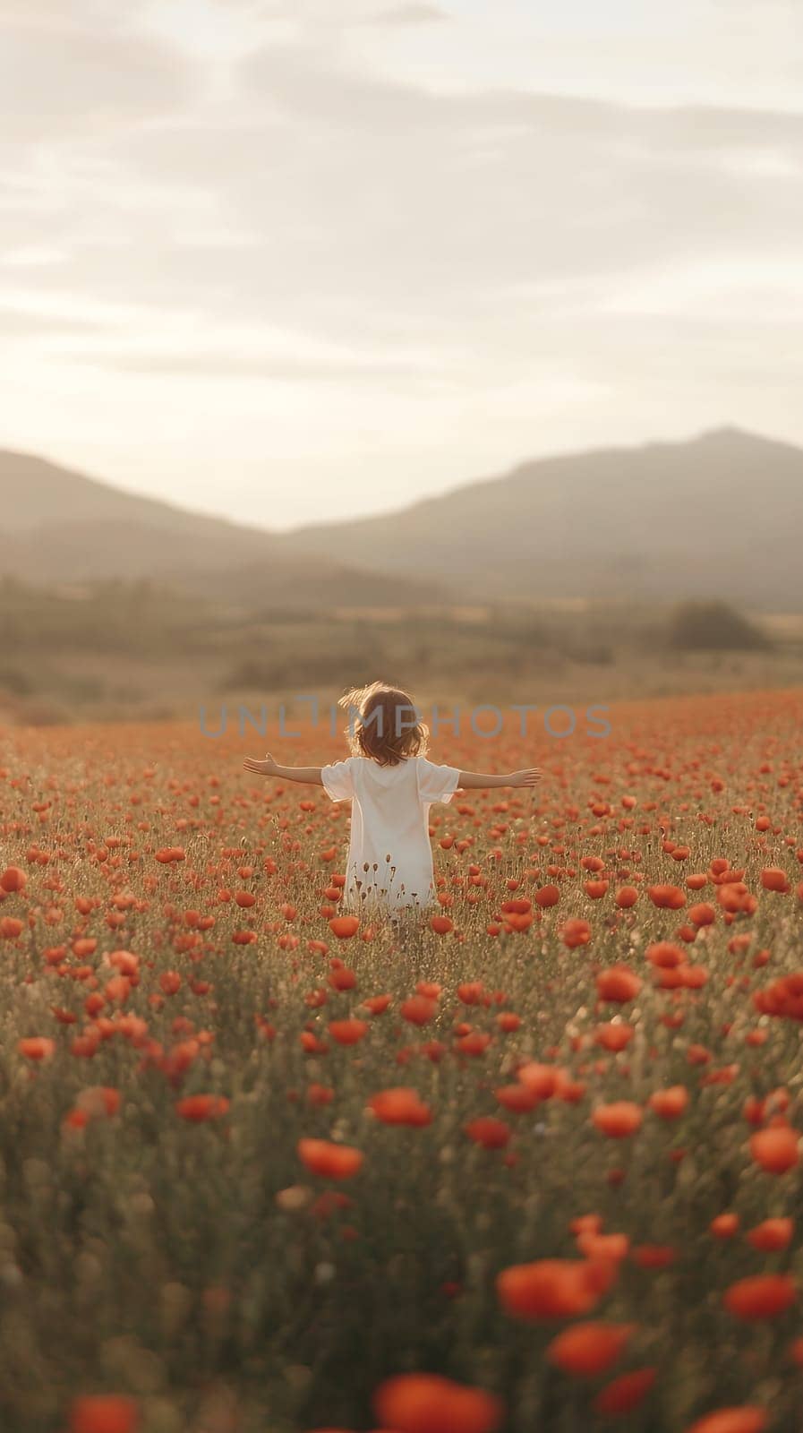 A child joyfully runs through a vibrant poppy field under the warm glow of a sunset, embracing freedom.