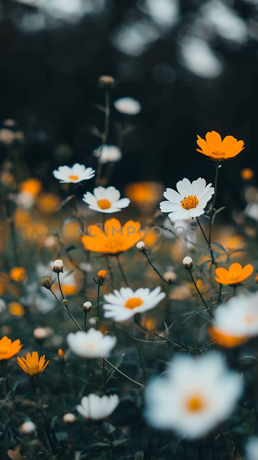A vibrant collection of white and orange flowers blooming in a lush meadow, capturing the essence of spring.