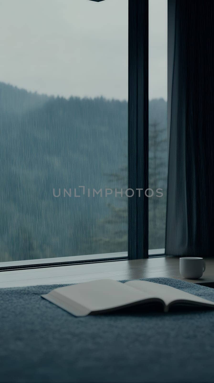 A peaceful scene of rain falling outside a window with a book open on the sill, perfect for a cozy day indoors.