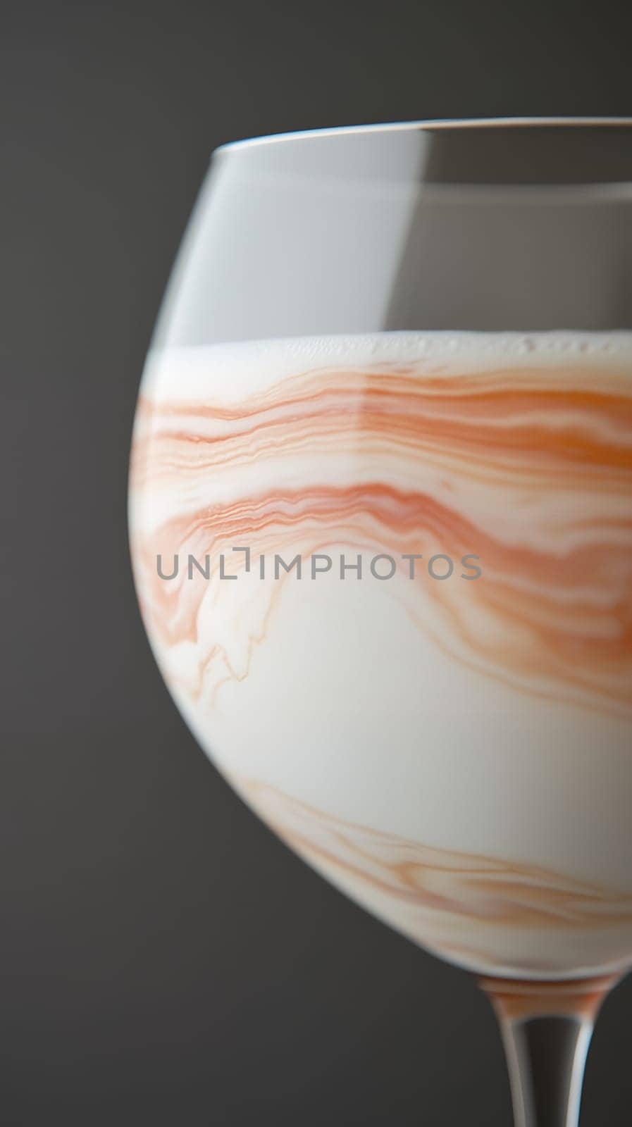 Close up of a beverage with swirling colors in a glass, showcasing its artistic pattern on a dark background.