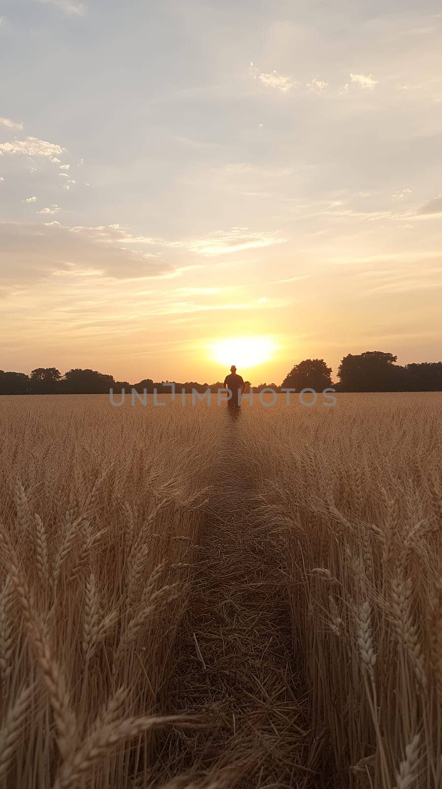 A man walking through a golden wheat field at sunset, evoking feelings of peace and solitude.