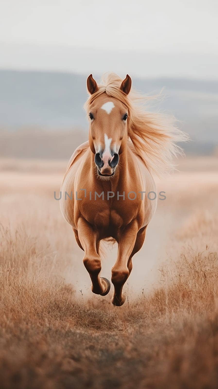A stunning horse with flowing mane gallops freely through a golden field, embodying strength and grace.