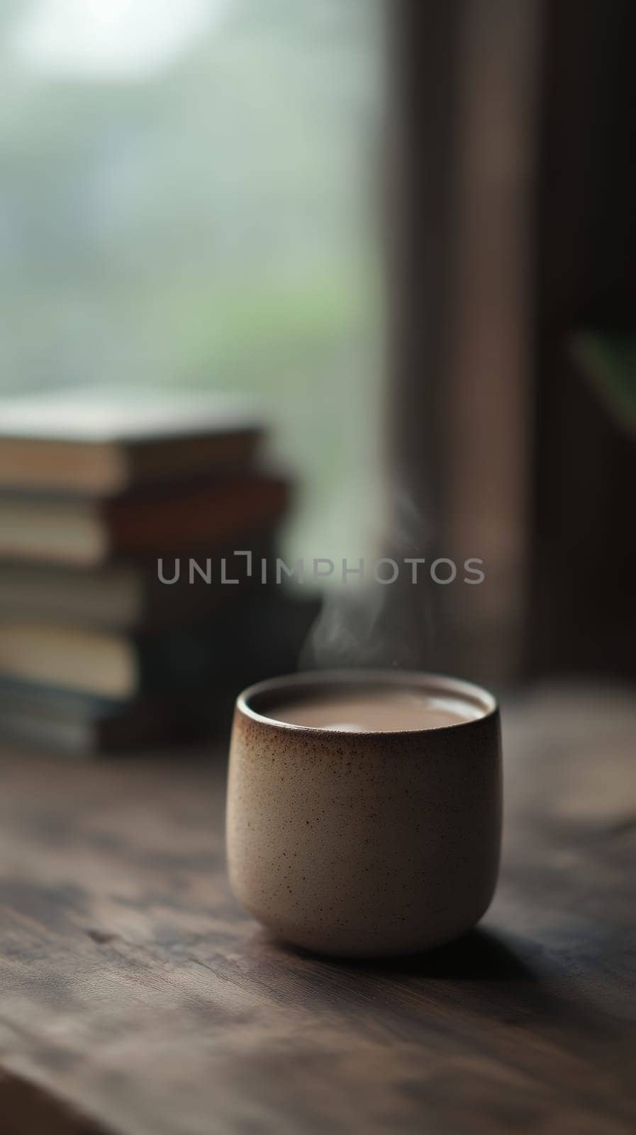 A steaming cup of hot beverage beside a stack of books, capturing the essence of relaxation and warmth.