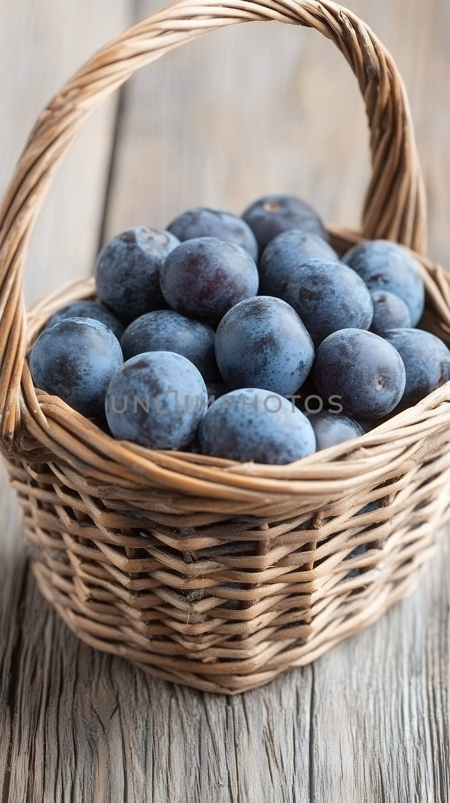 A woven basket brimming with ripe, juicy plums resting on a rustic wooden table, embodying natural freshness.