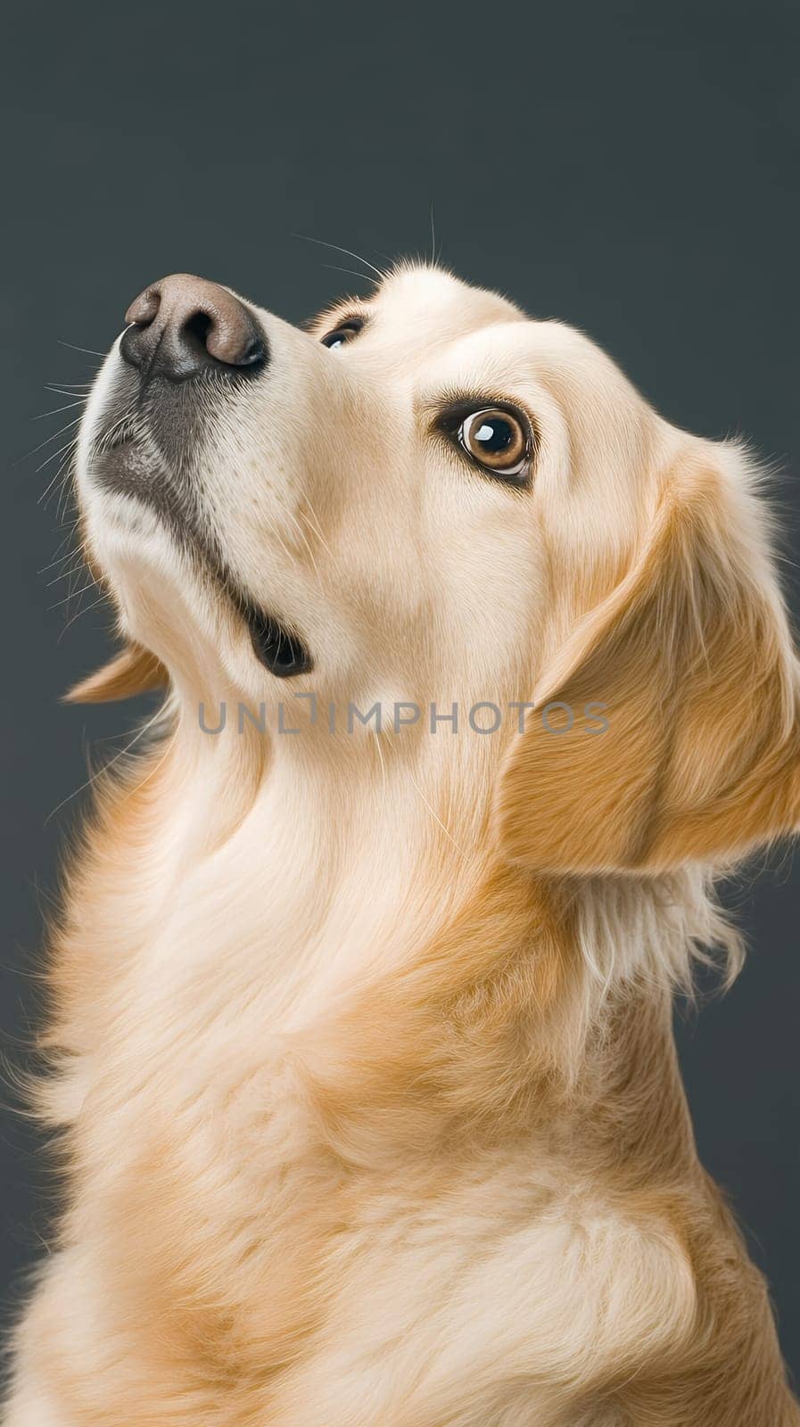 A golden retriever looks upwards with an inquisitive expression, showcasing its shiny, soft fur.
