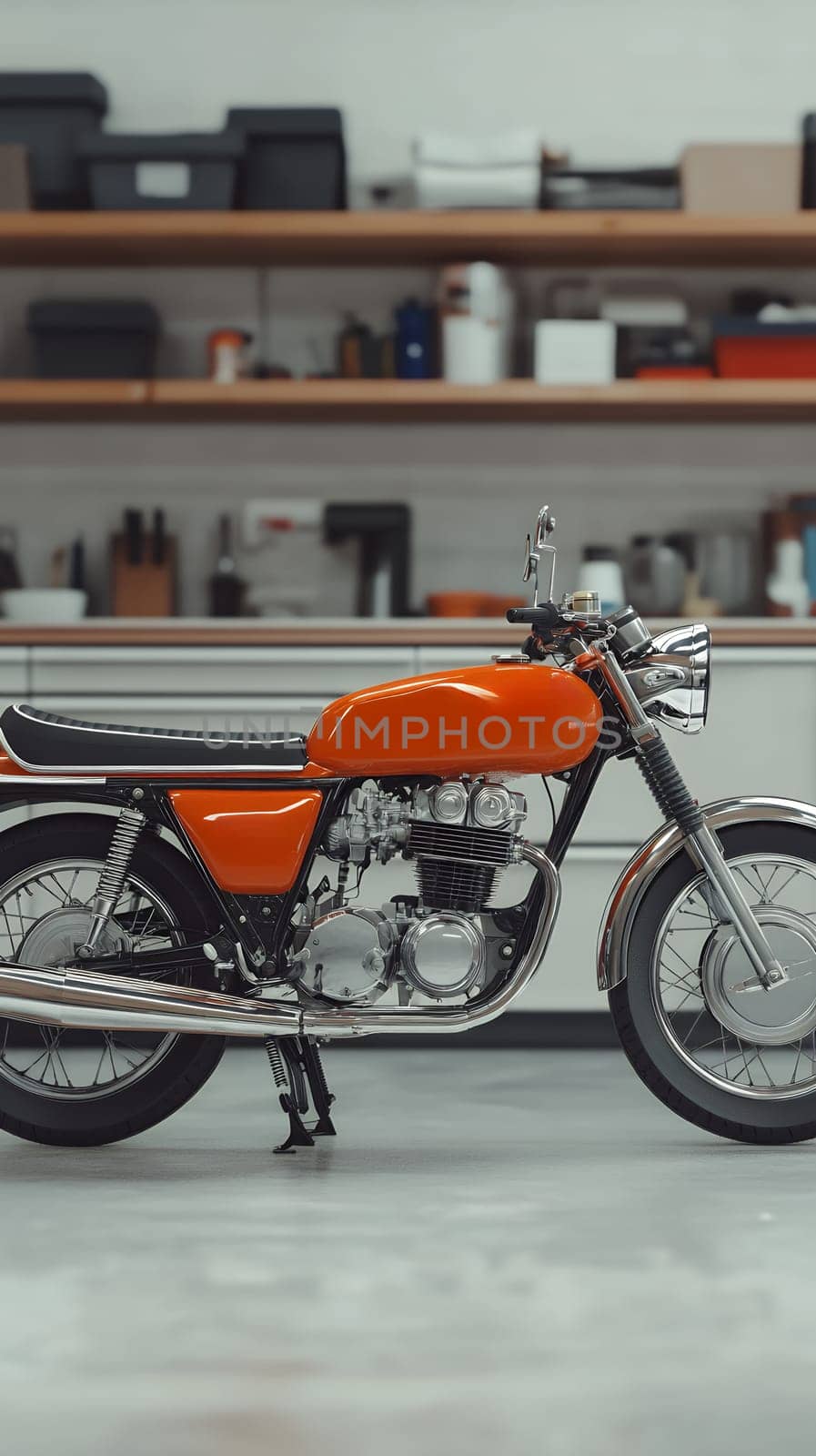 A classic vintage motorcycle displayed in a workshop setting, showcasing its timeless design and craftsmanship.
