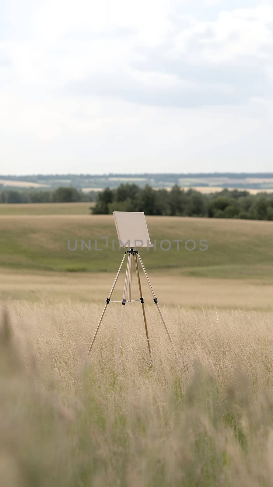 A blank canvas on an easel stands in the middle of a vast, grassy field under a cloudy sky, inviting creativity.