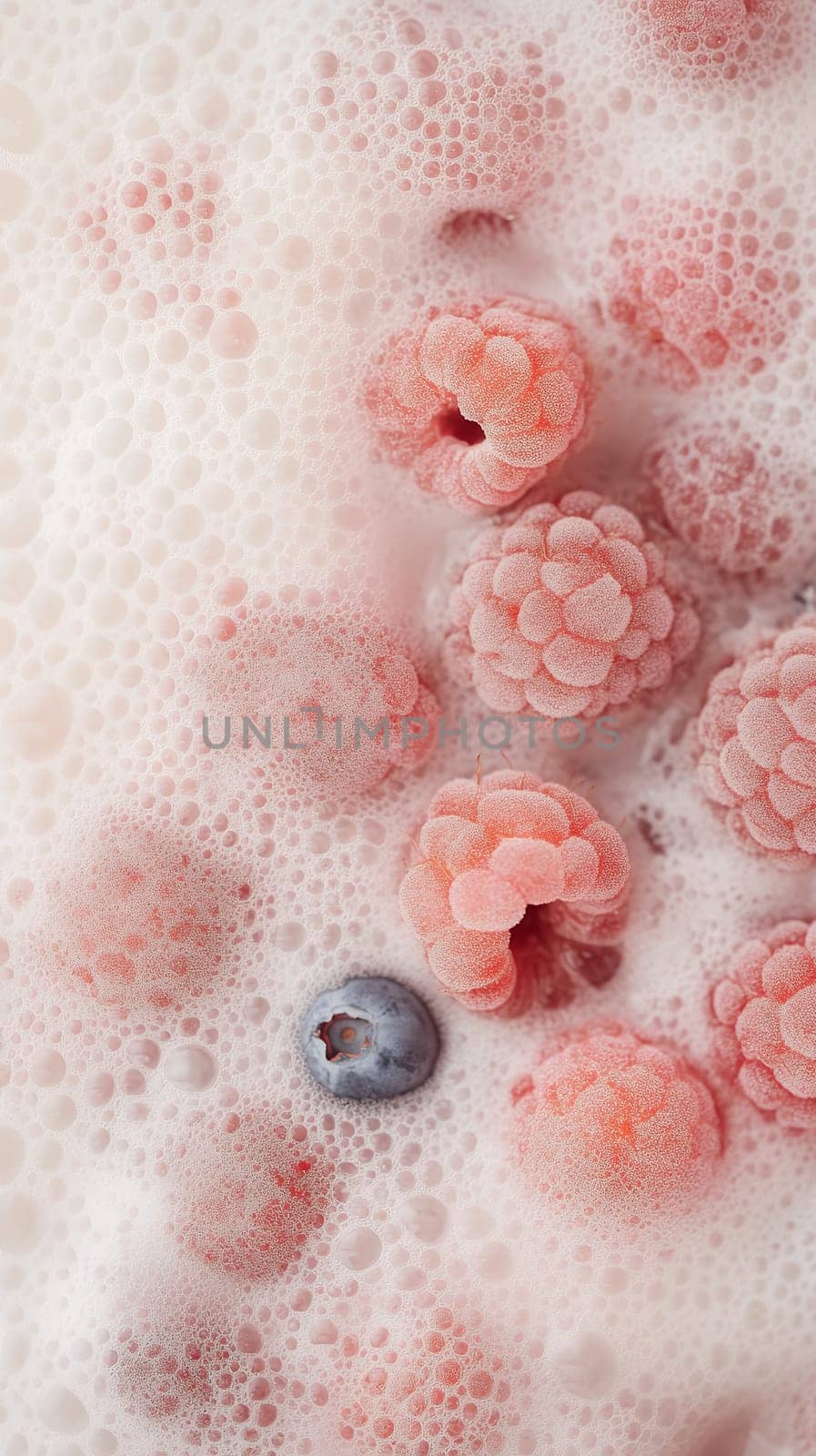 Fresh raspberries and blueberries submerged in a foamy bath, highlighting their vibrant colors and textures.