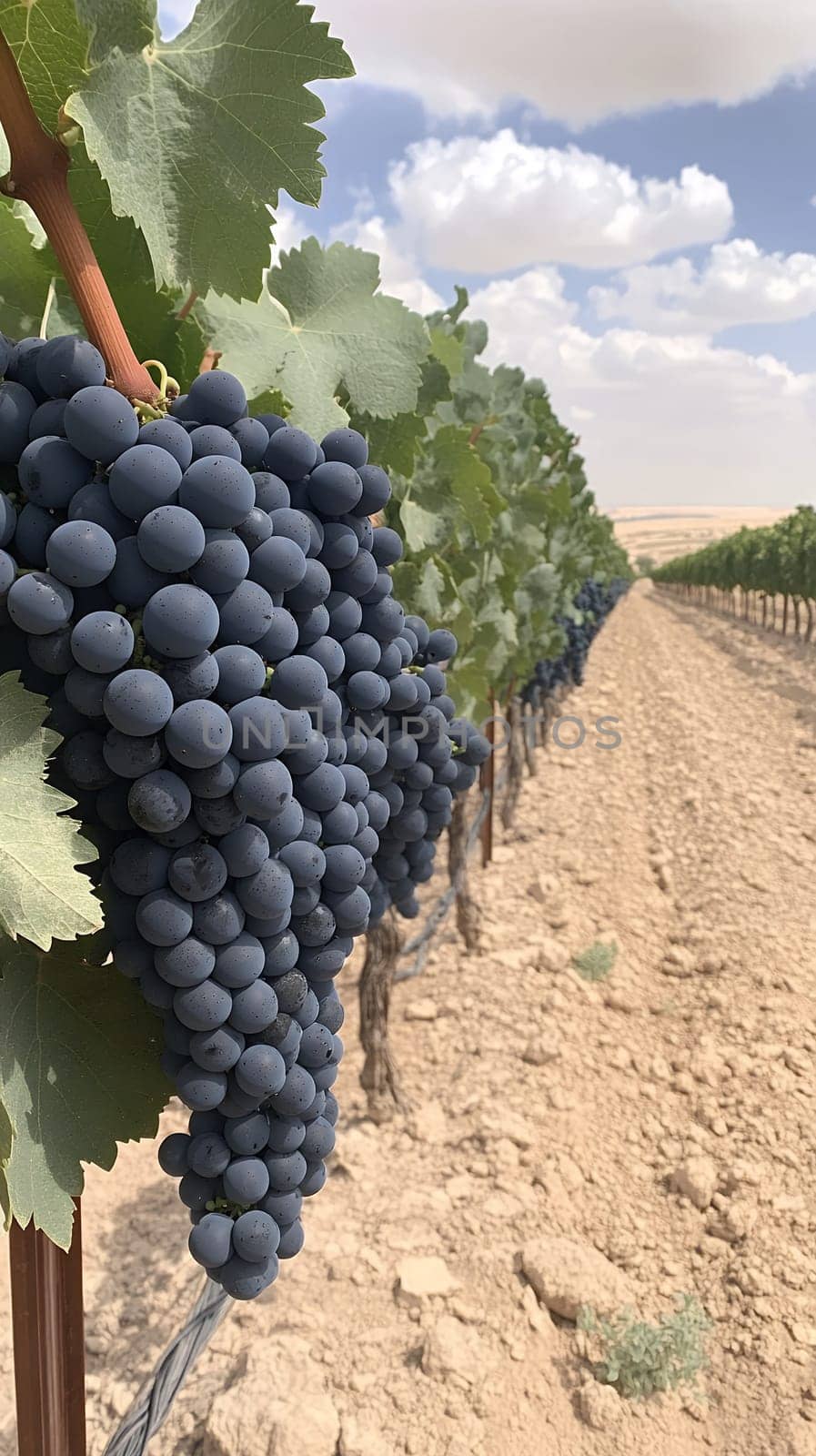 Bunches of ripe grapes hang from lush vines in a vineyard, ready for harvest under a bright summer sky.