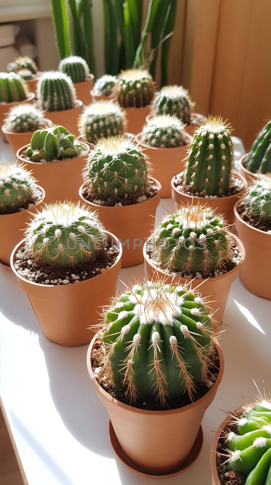A diverse collection of cacti in terracotta pots basking in sunlight, creating a warm and inviting atmosphere.