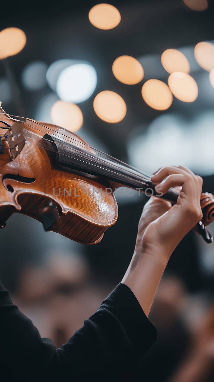 Close up of a musician's hands gracefully playing the violin, capturing the essence of musical passion.