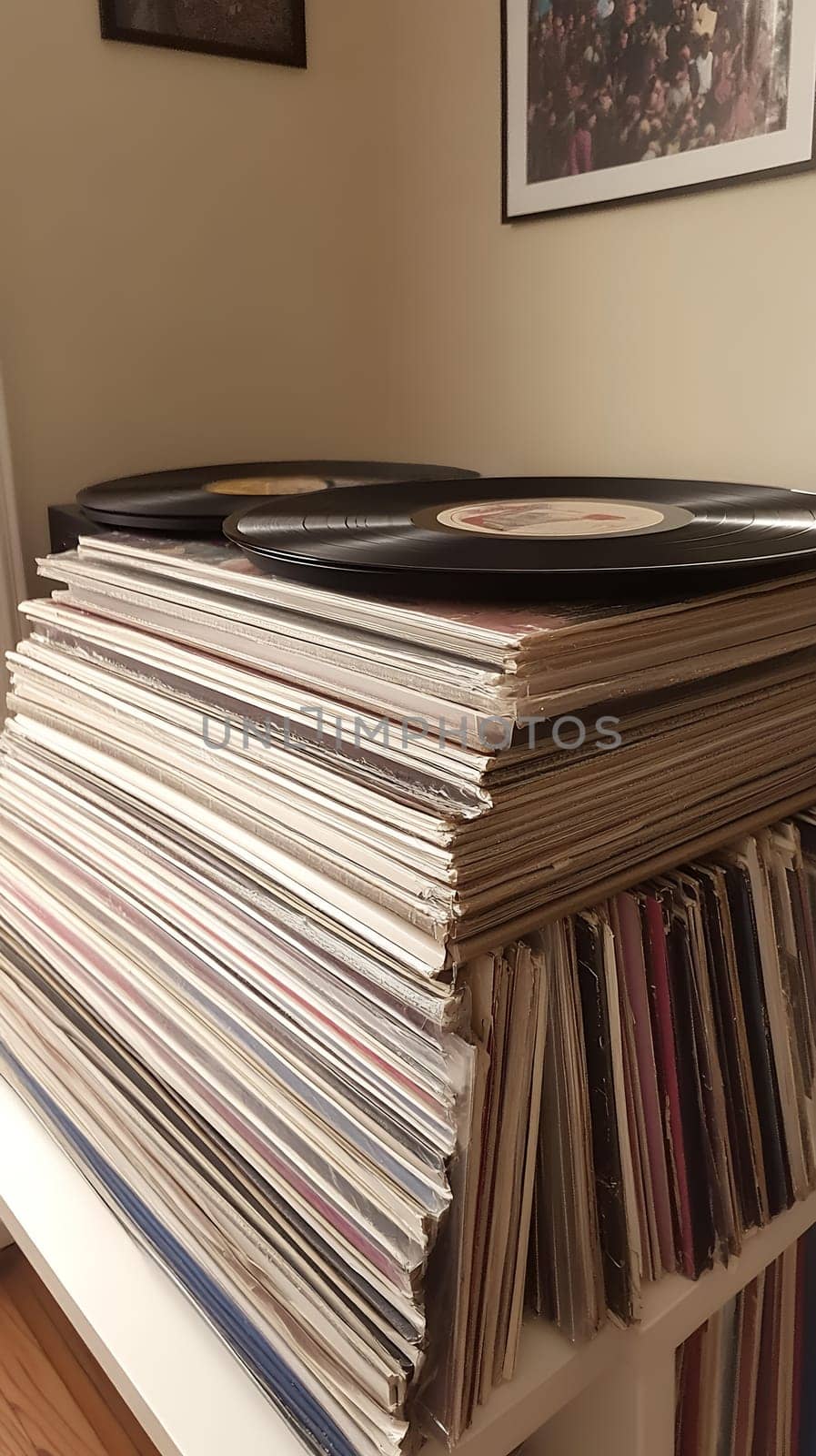 A nostalgic stack of vintage vinyl records in sleeves, capturing the essence of retro music culture.