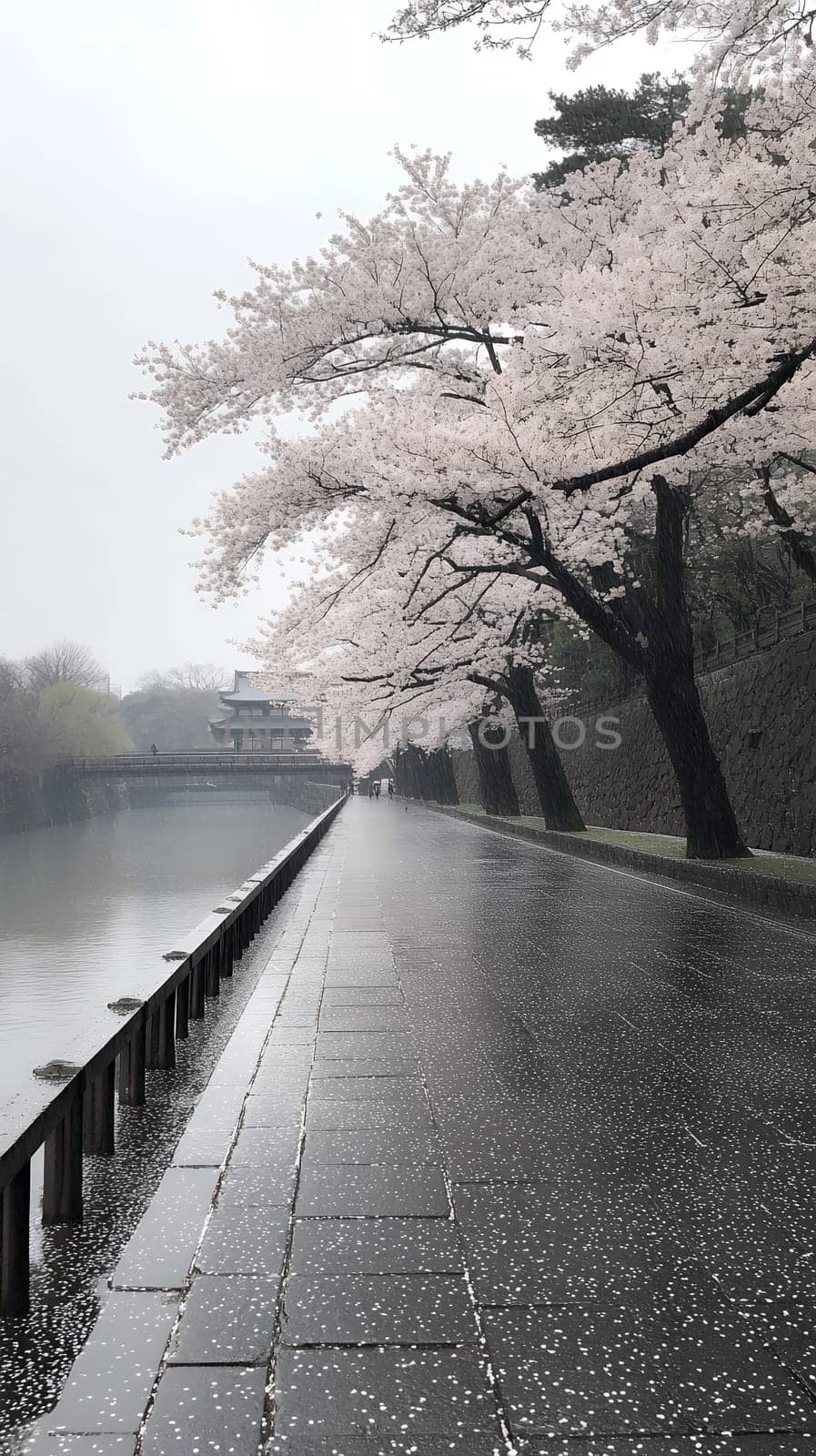 Cherry blossom trees line a riverside path, their petals gently falling in the rain, creating a picturesque spring scene.