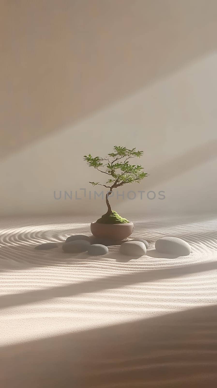 A serene bonsai tree surrounded by smooth stones in a zen garden, illuminated by soft sunlight, evokes tranquility.