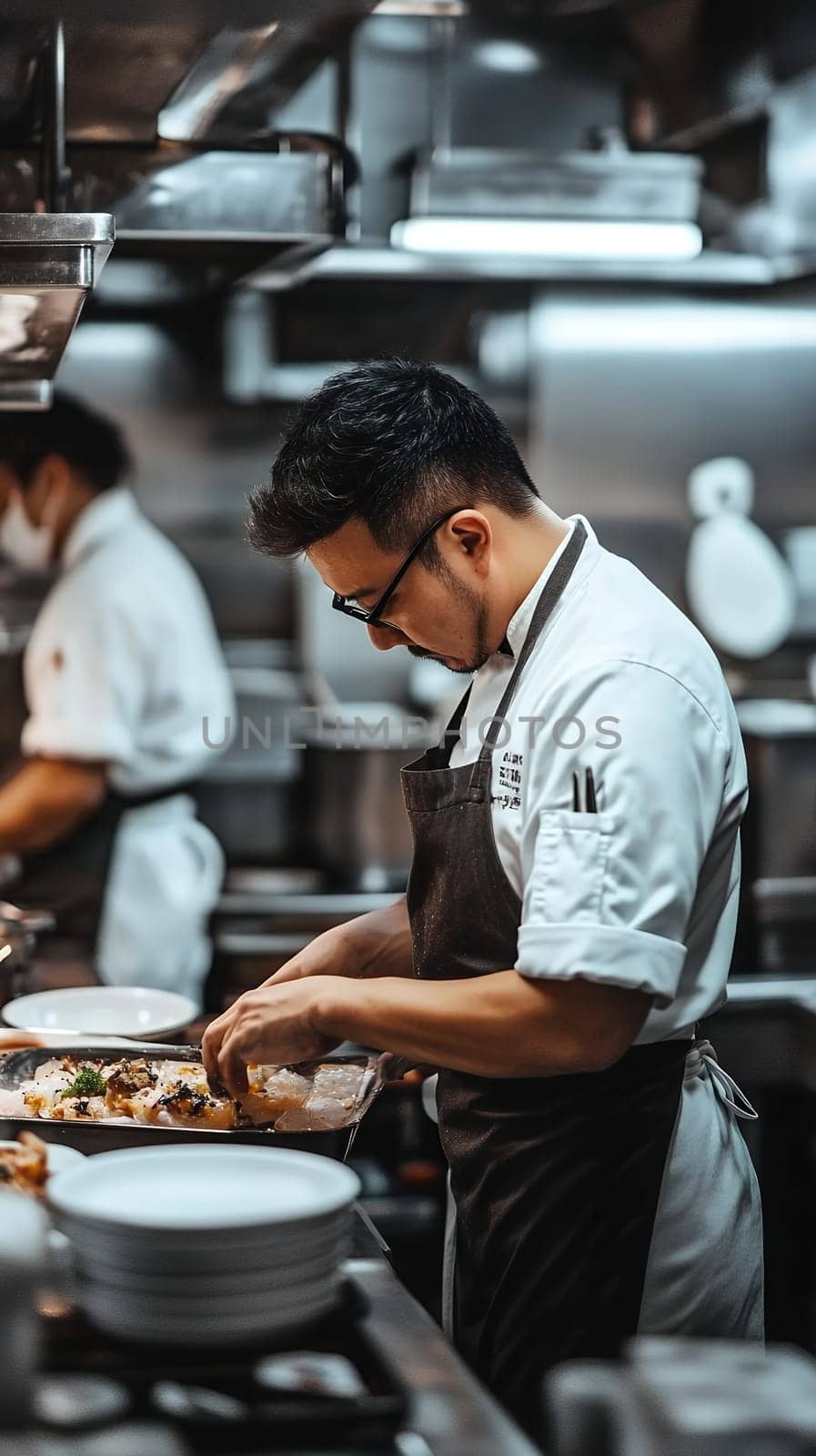 Professional chef in a bustling kitchen preparing a gourmet dish, showcasing culinary expertise and creativity.