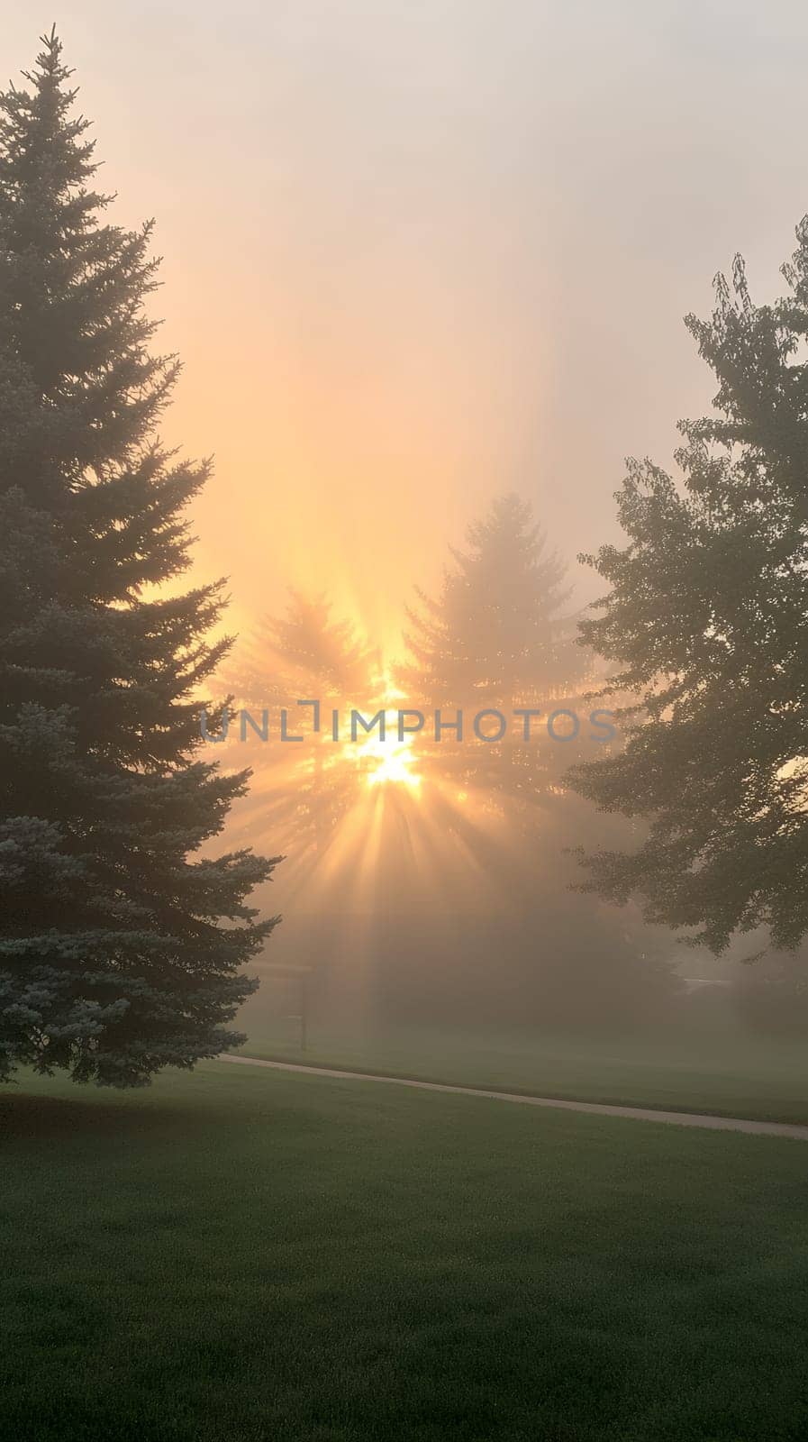 Golden sunrise rays break through misty trees, creating a magical and serene morning atmosphere.