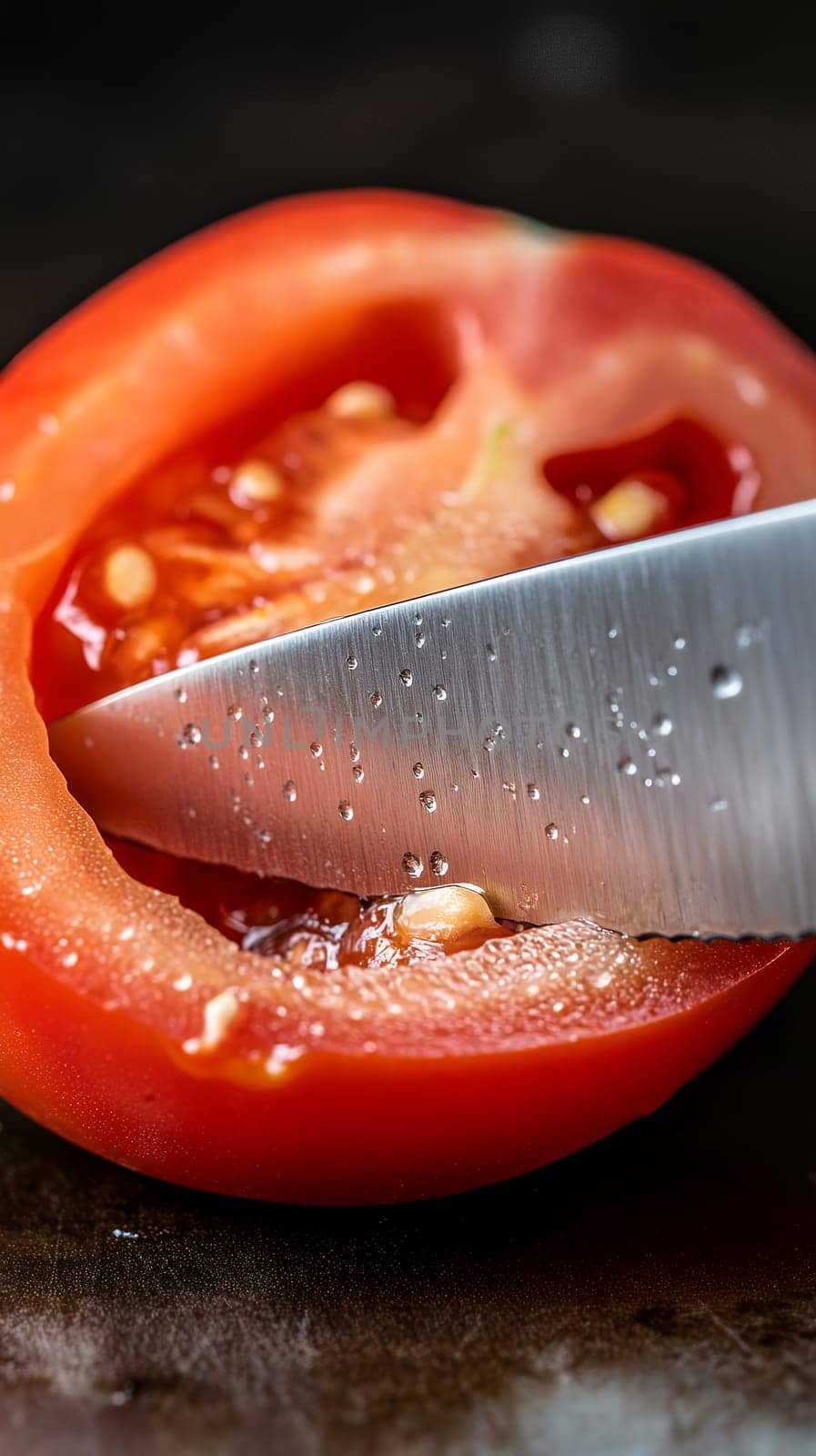 A sharp knife slices through a juicy tomato, highlighting the fresh, vibrant texture and rich color.