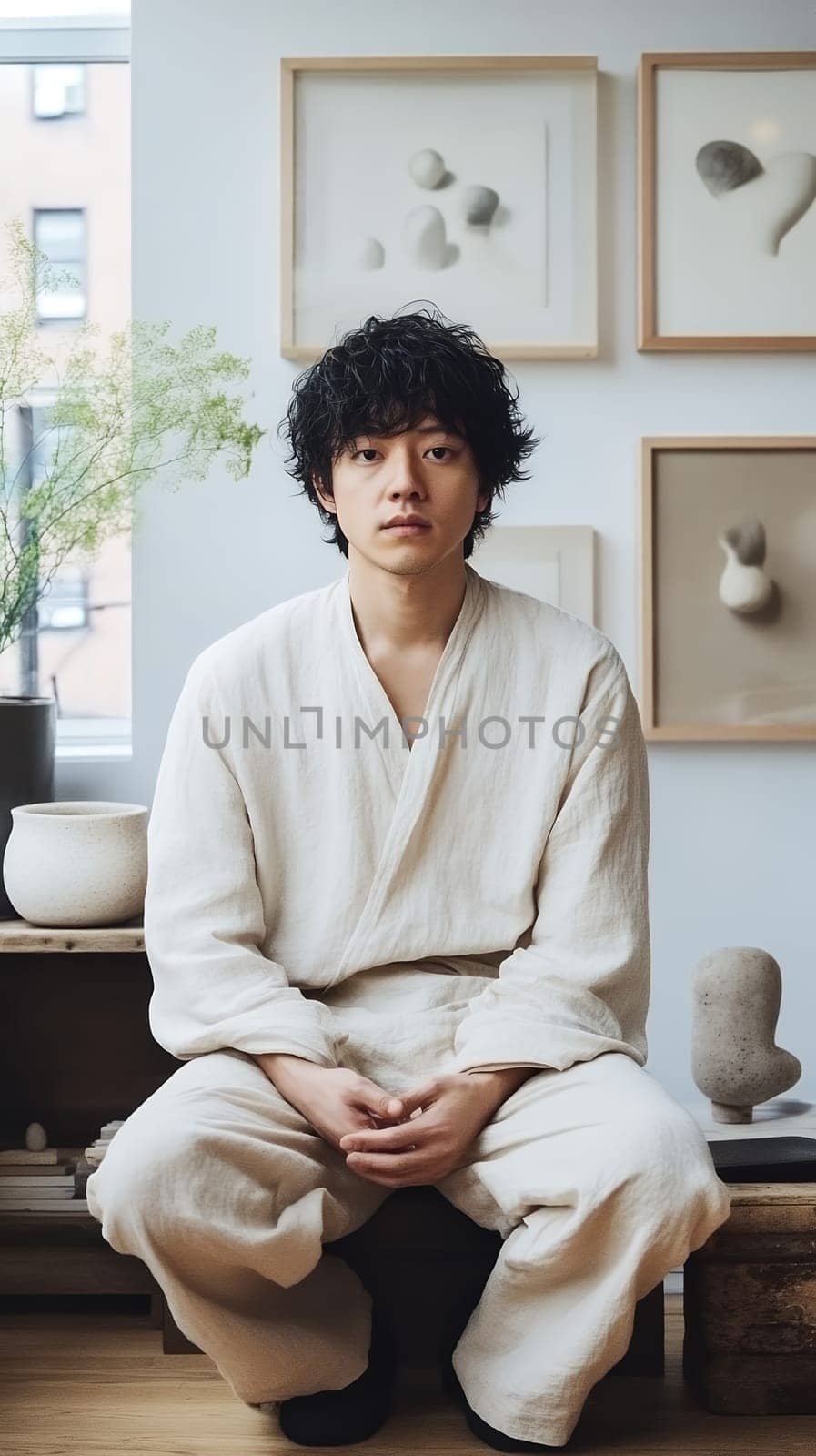A contemplative man sits in a minimalist room, surrounded by modern art and simple decor.