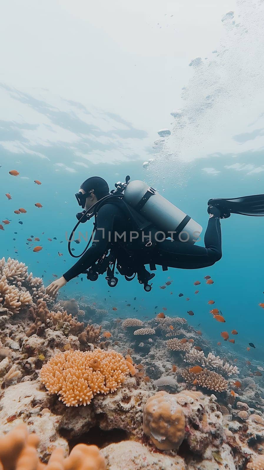 A scuba diver explores a vibrant coral reef teeming with colorful fish, capturing the wonder of the underwater world.