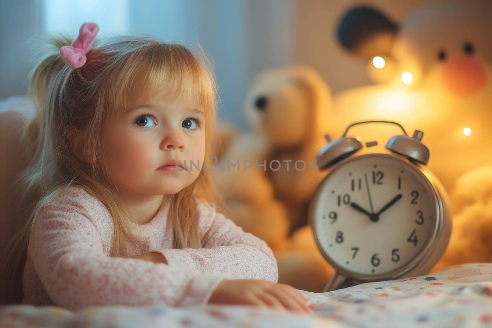 Cute toddler girl setting alarm clock, preparing for bedtime routine in a cozy bedroom with soft toys and warm lighting