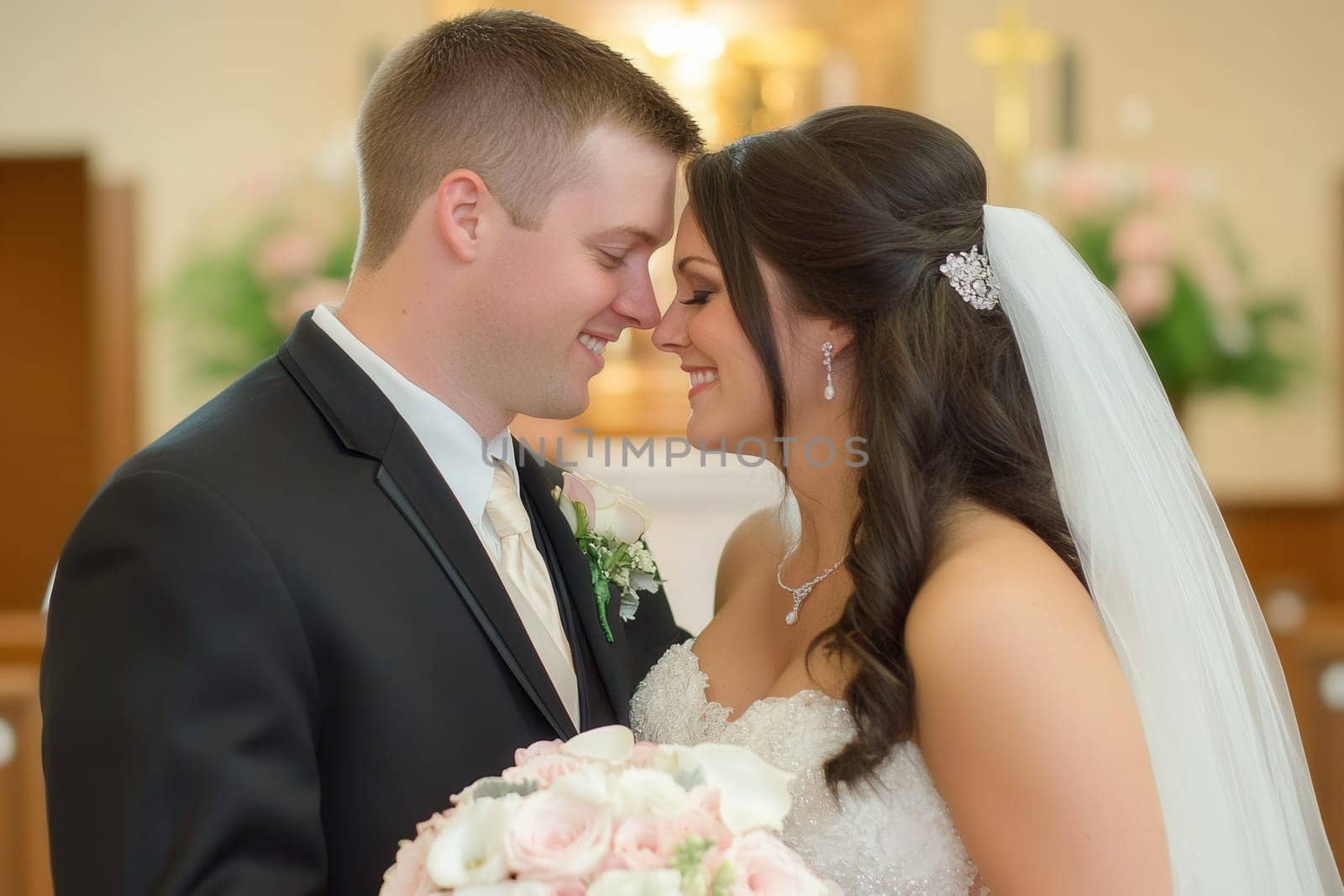 Bride and groom touching noses and smiling in church after wedding ceremony