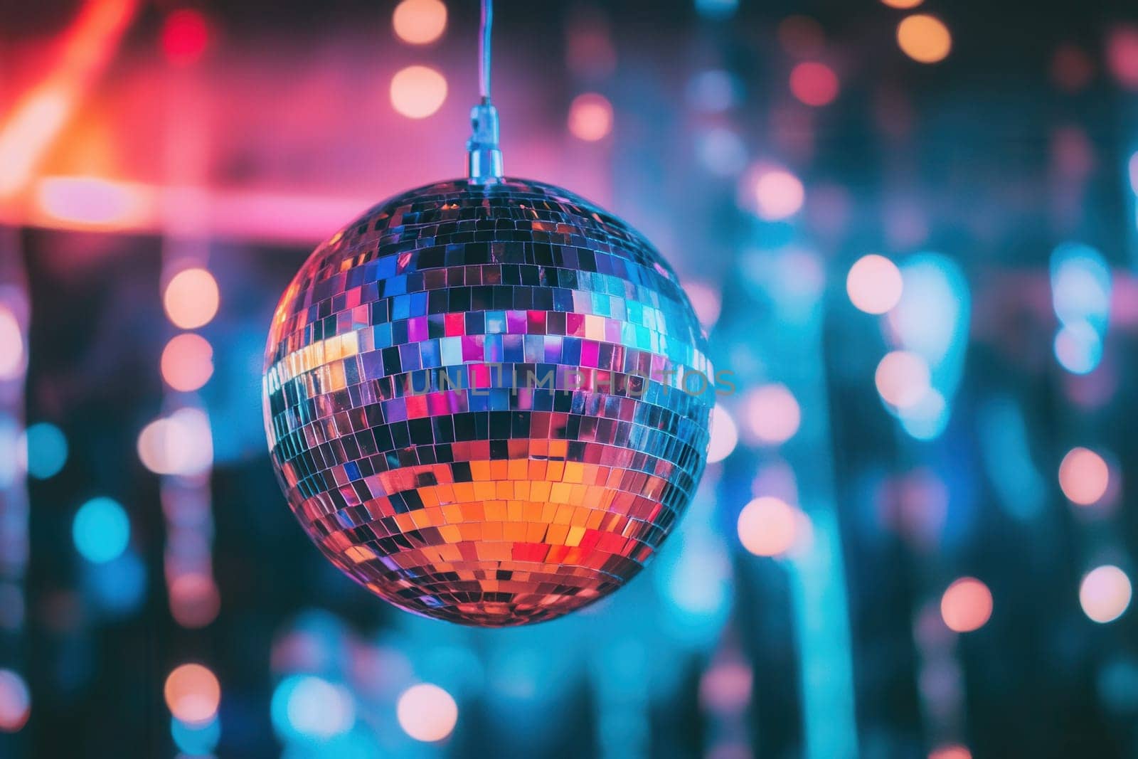 Shiny disco ball hanging at a nightclub party, reflecting colorful lights and creating a festive atmosphere