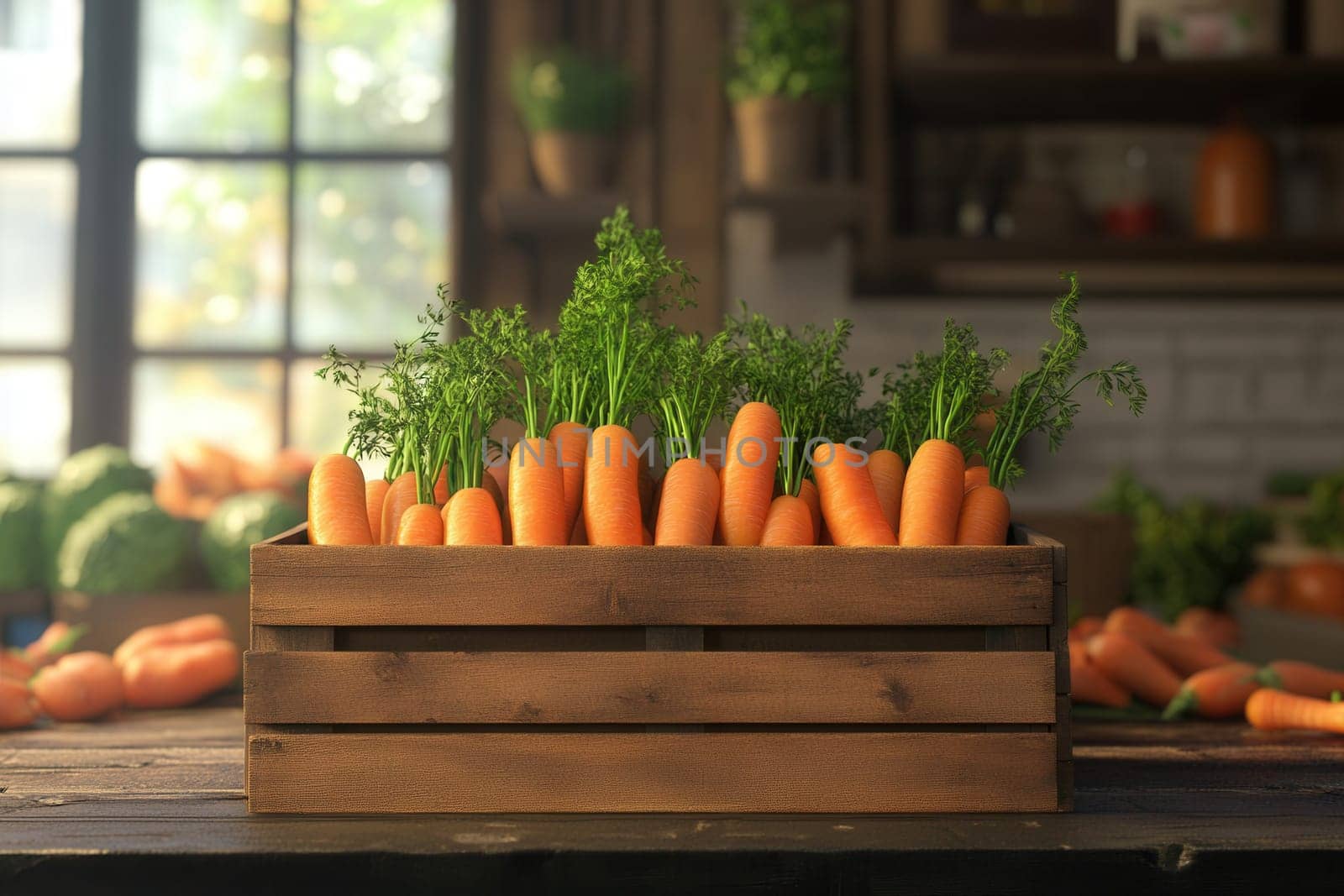 Freshly harvested carrots displayed in a wooden crate at a vibrant farmers market, showcasing the abundance of nature's bounty
