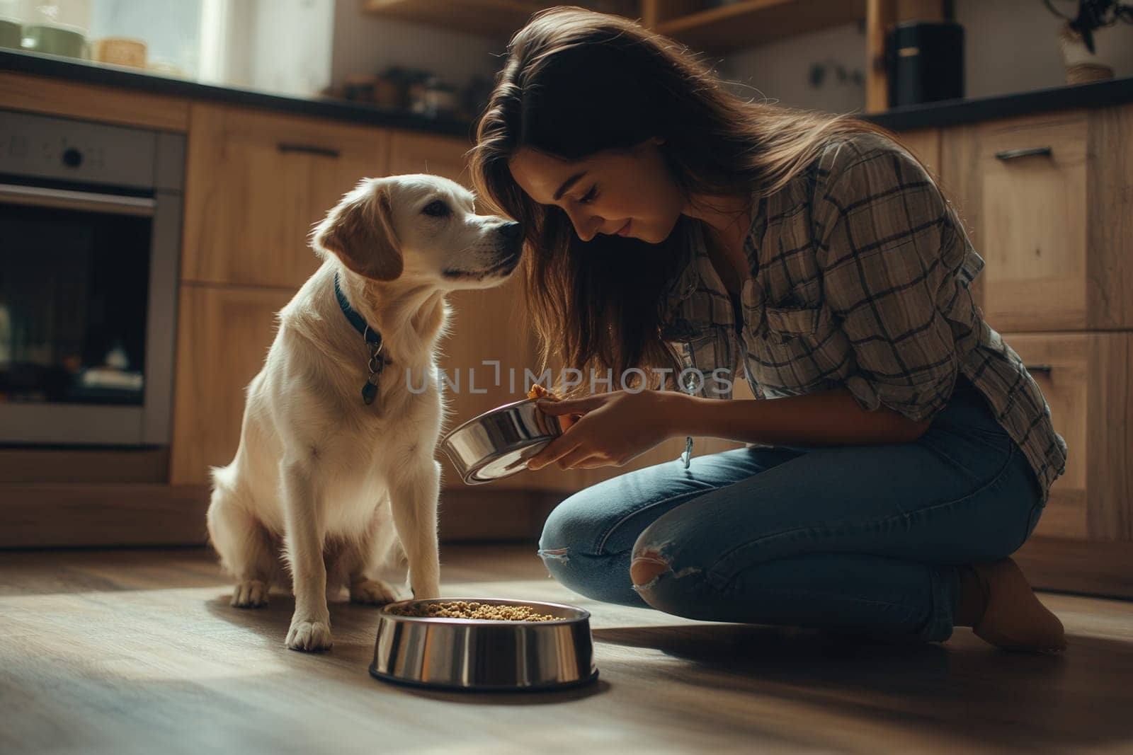 Young woman pouring food into bowl for her golden retriever dog in a modern kitchen