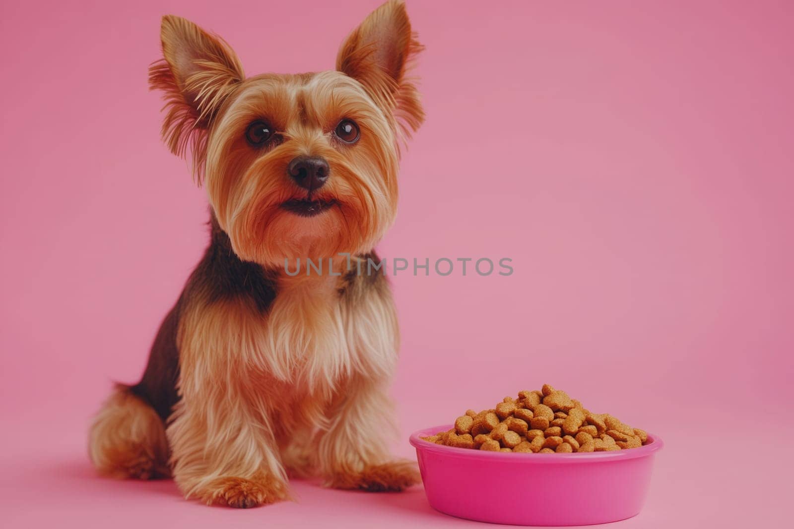 Adorable yorkshire terrier sitting near a pink bowl full of dry food, on a pink background in a studio setting
