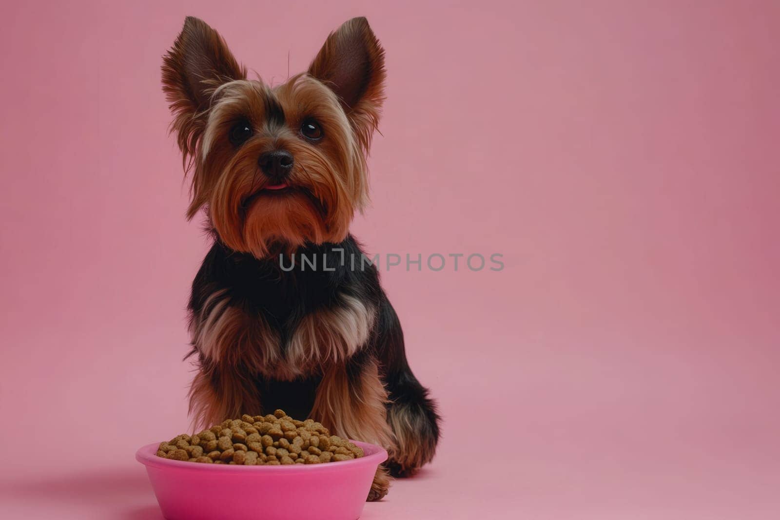 Adorable yorkshire terrier sitting next to a pink bowl full of kibble on a pink background, creating a vibrant and charming pet food scene