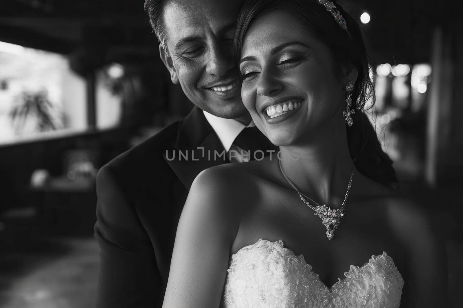 Groom embracing smiling bride during wedding reception in black and white
