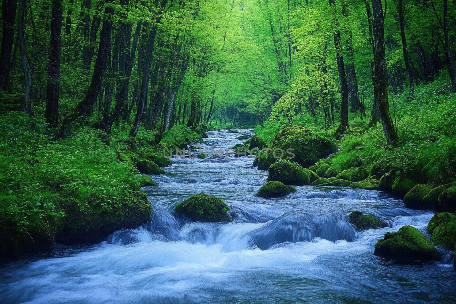 Clean water flows down a river in a vibrant green forest during springtime, creating a peaceful natural scene