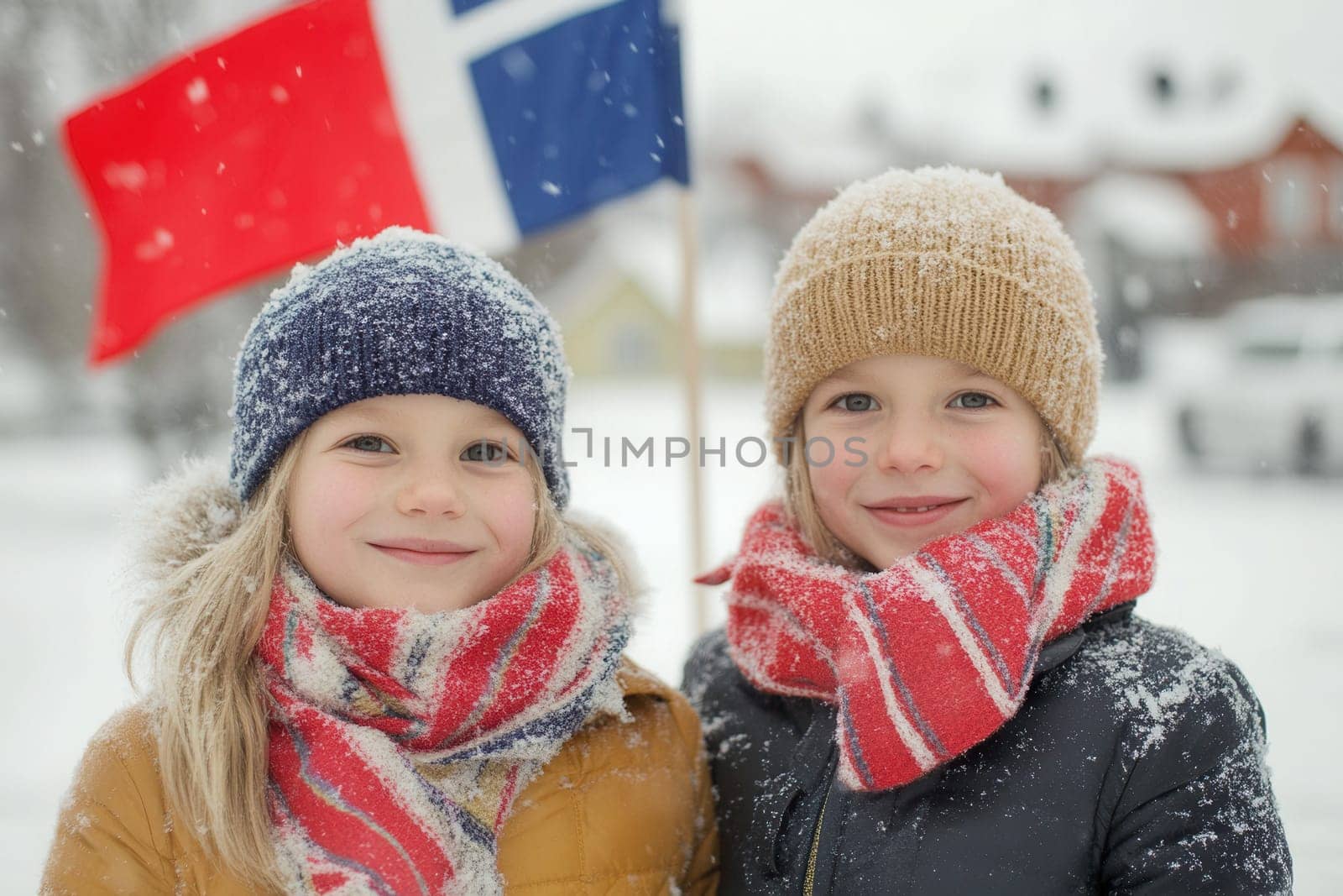 Two young kids wearing warm winter clothes and scarves are celebrating norwegian national day, holding a norwegian flag in a snowy landscape