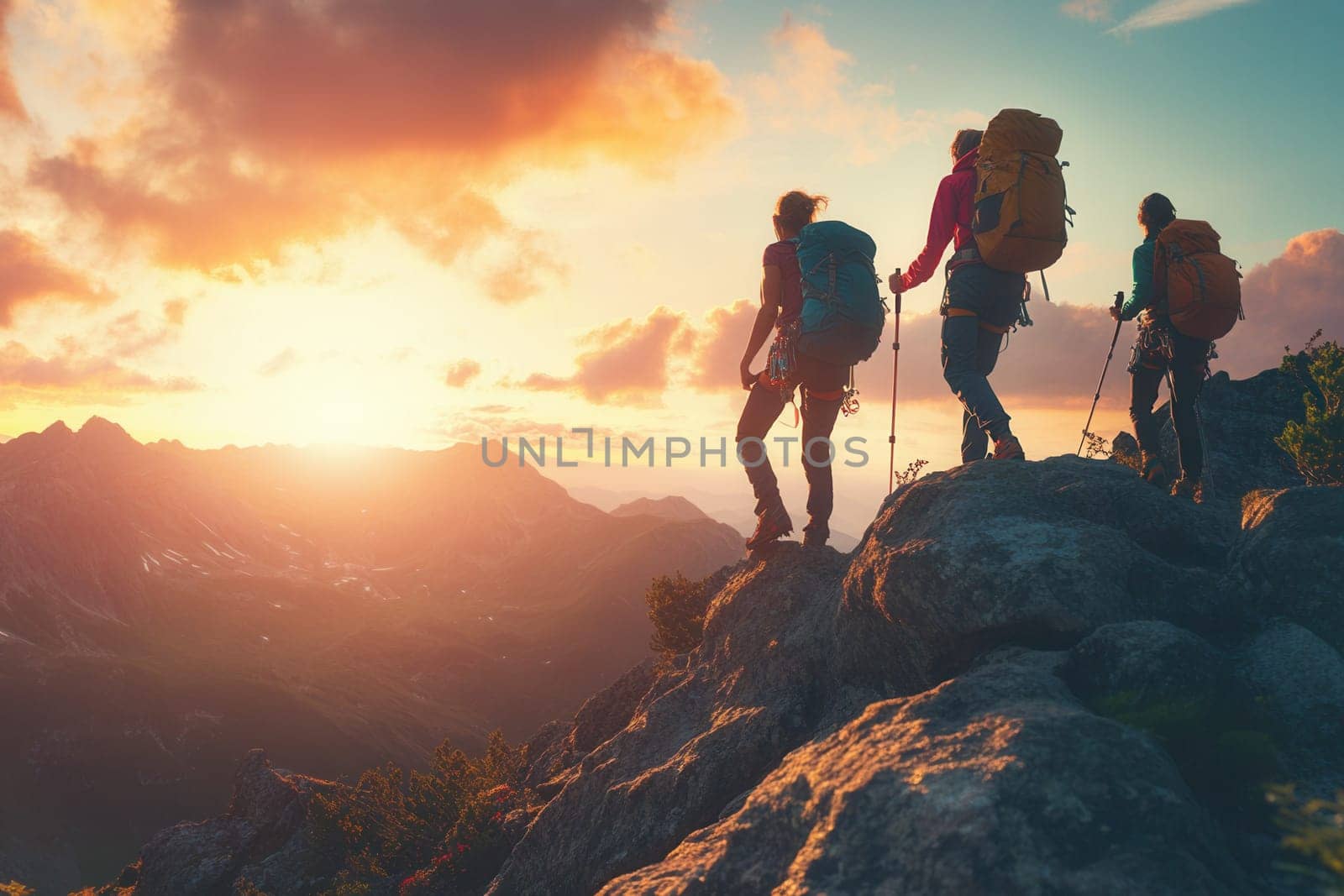 Group of hikers with backpacks enjoying sunset from mountain top
