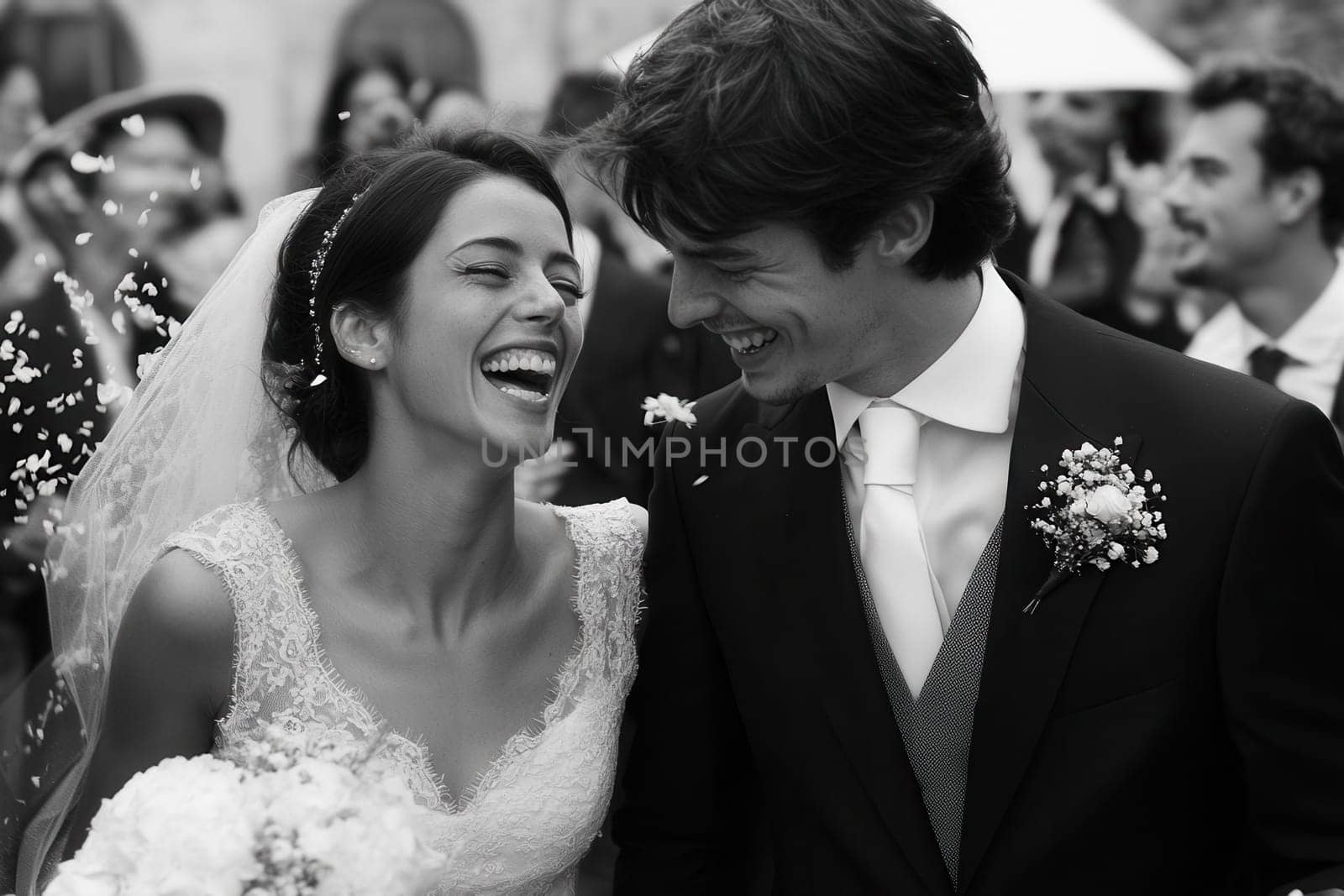 Bride and groom laughing while confetti is falling on them during wedding ceremony
